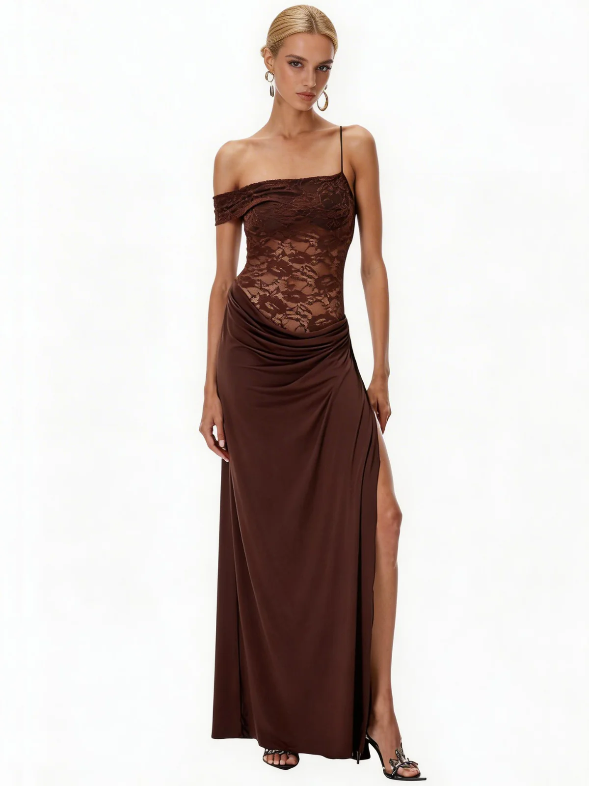 1980s Off-Shoulder Lace Bodice Maxi Dress - Image 2