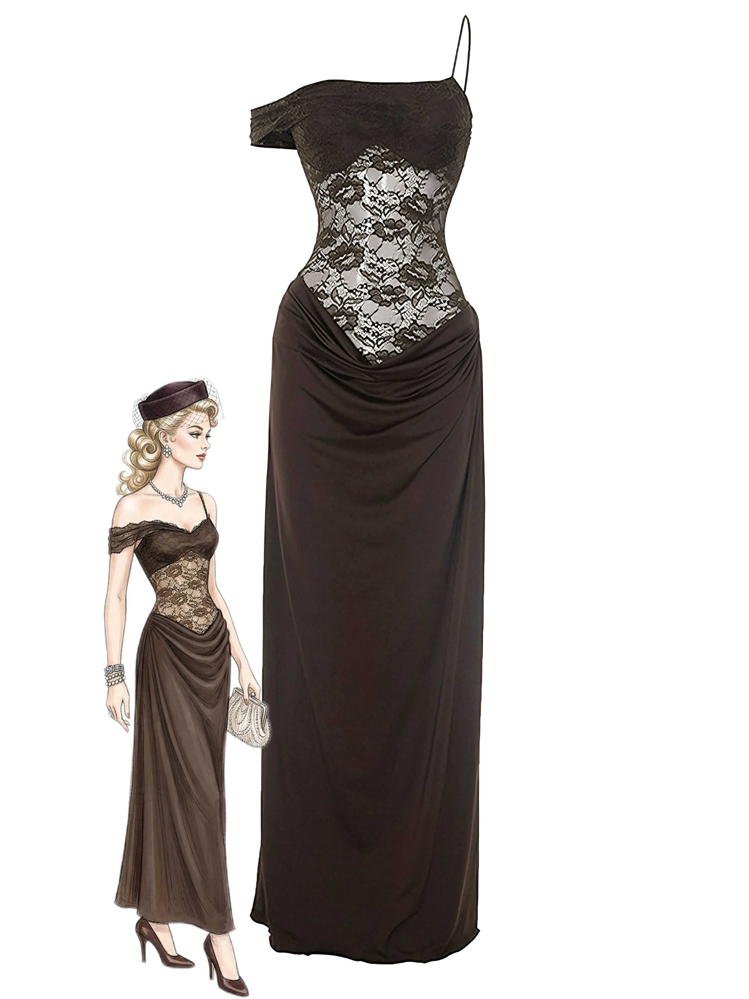 1980s Off-Shoulder Lace Bodice Maxi Dress - Image 5