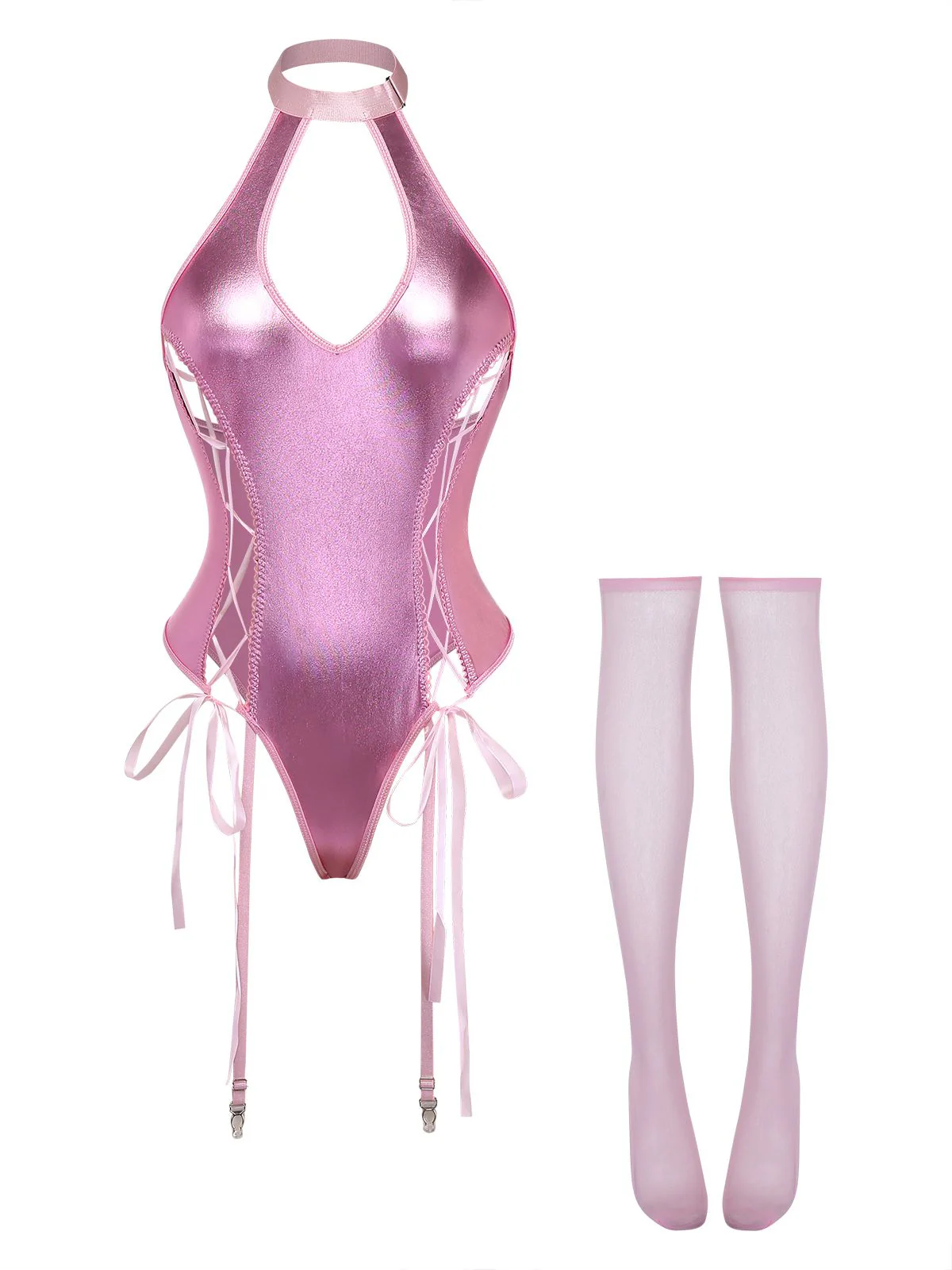 1980s Patent Leather Halter Lace-Up Bodysuit Lingerie Set - Image 2
