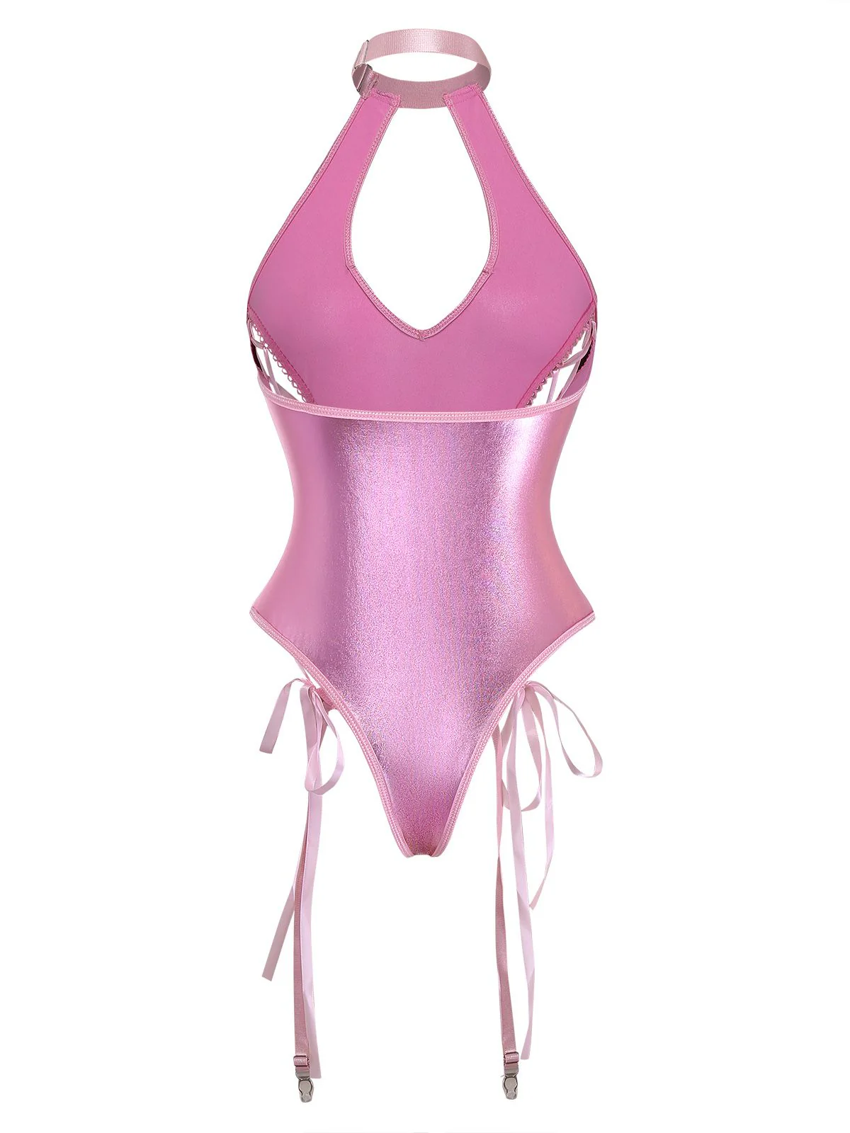 1980s Patent Leather Halter Lace-Up Bodysuit Lingerie Set - Image 3