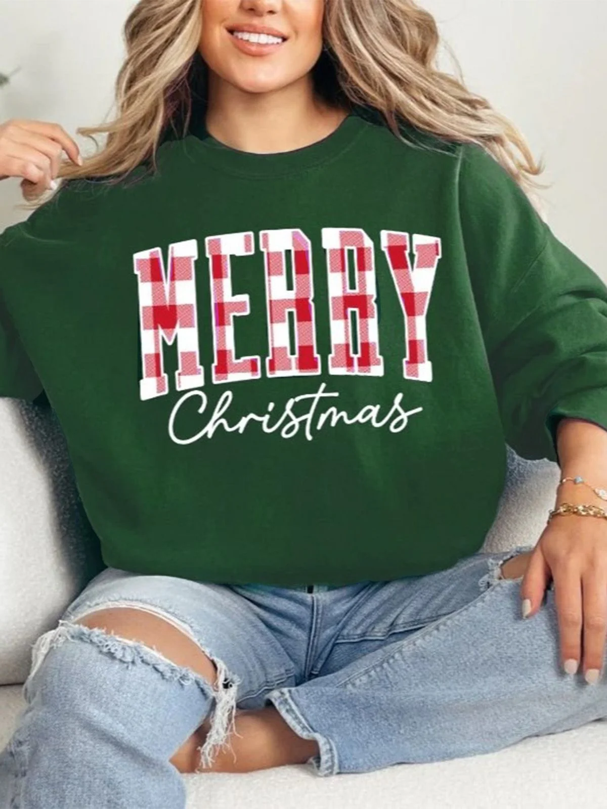 1980s Plaid Letter Christmas Sweatshirt - Image 2