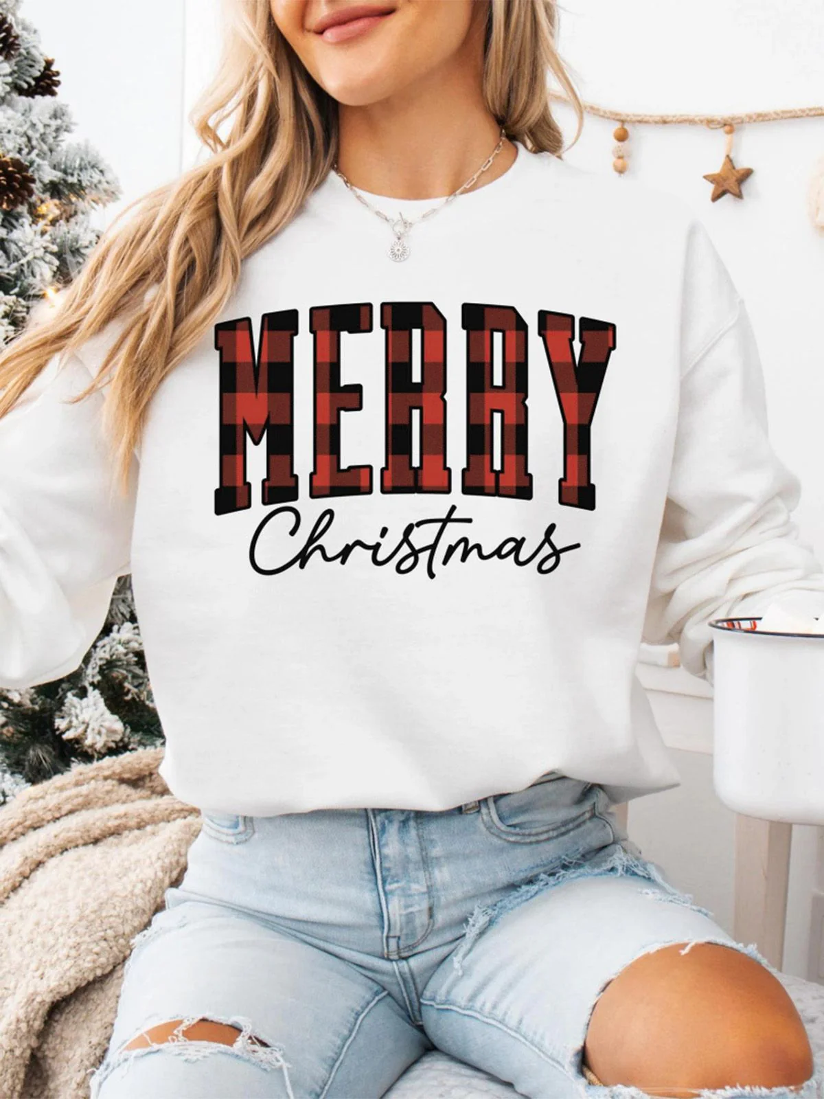 1980s Plaid Letter Christmas Sweatshirt - Image 6