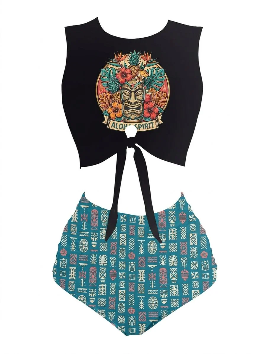 1980s Punk Waist Tie Skeleton Beach Print Bikini Set - Image 8