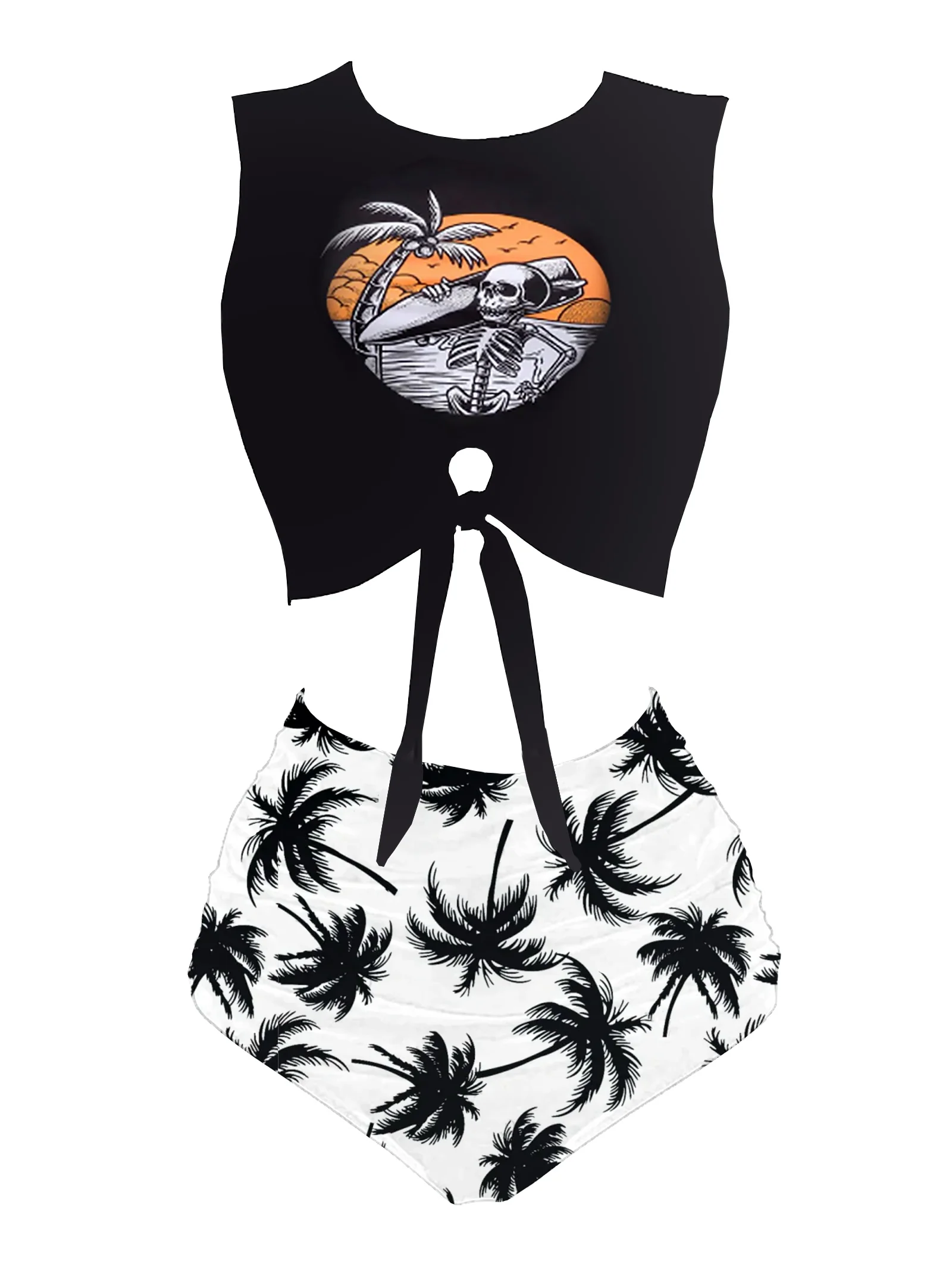 Green 1980s Punk Waist Tie Skeleton Beach Print Bikini Set - Image 5