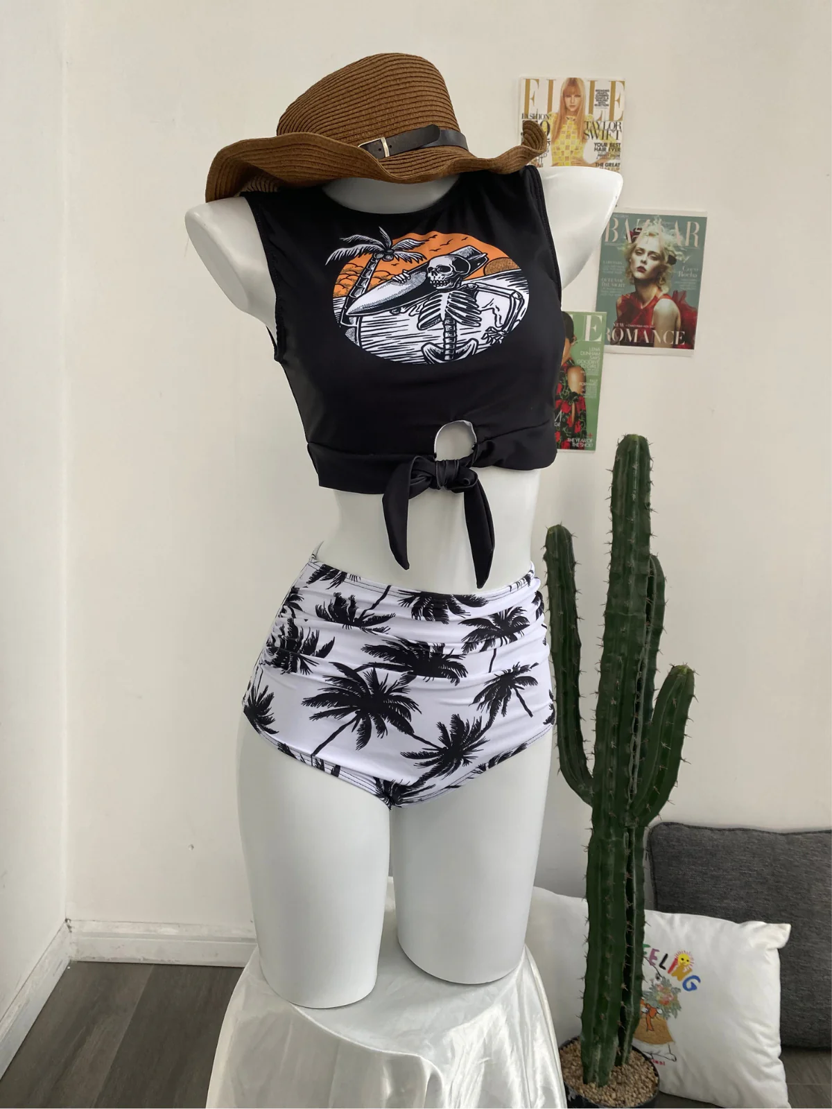 Green 1980s Punk Waist Tie Skeleton Beach Print Bikini Set - Image 7