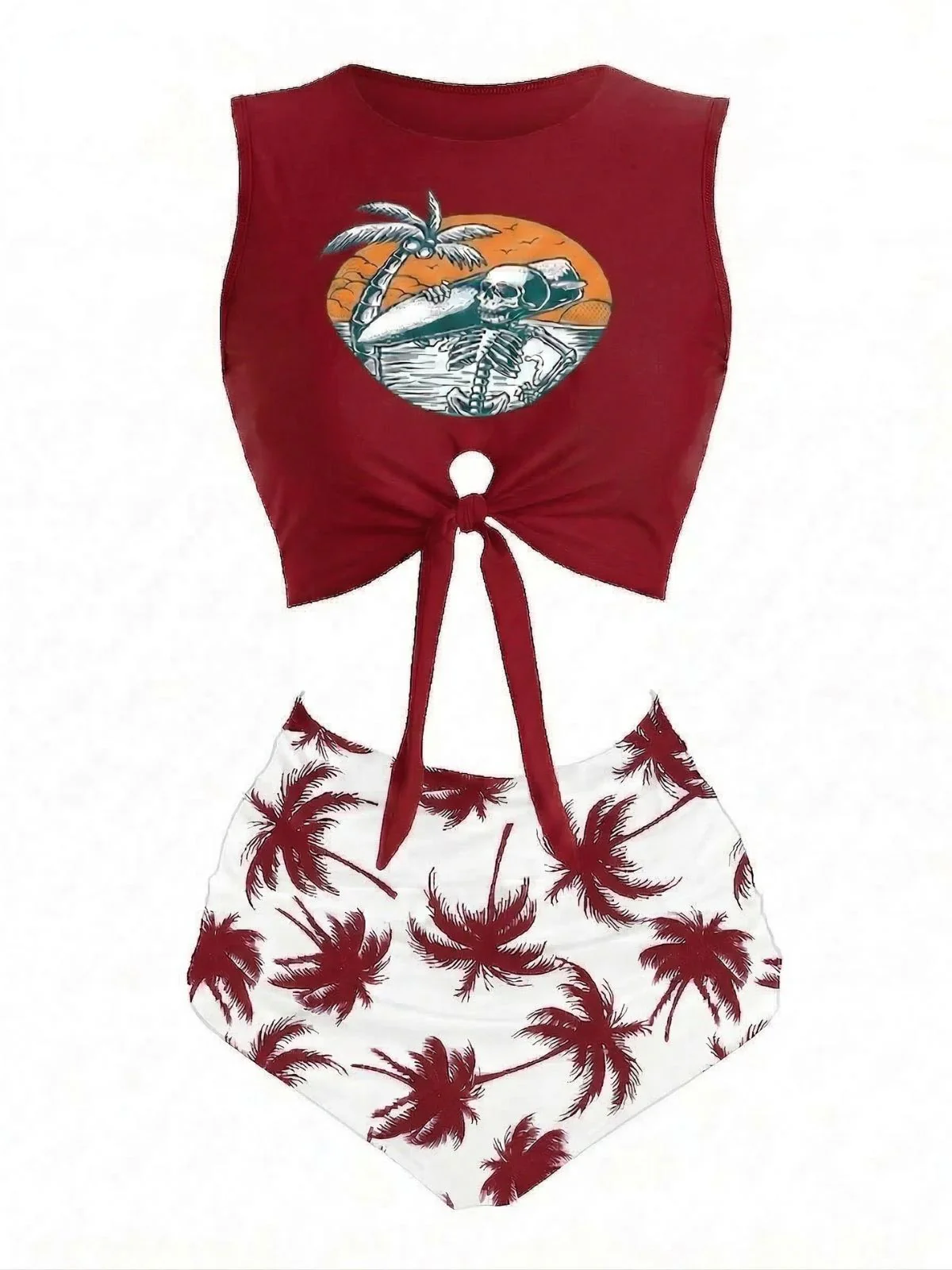 Green 1980s Punk Waist Tie Skeleton Beach Print Bikini Set - Image 3