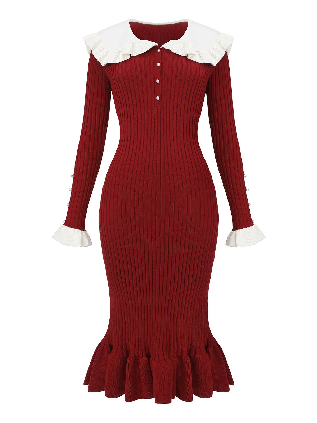 1980s Ribbed Ruffled Collar Midi Dress - Image 2