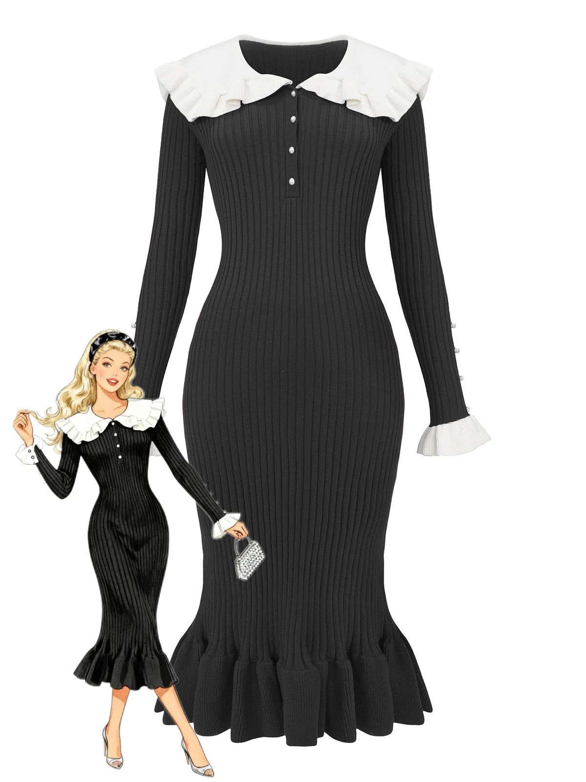 1980s Ribbed Ruffled Collar Midi Dress - Image 7