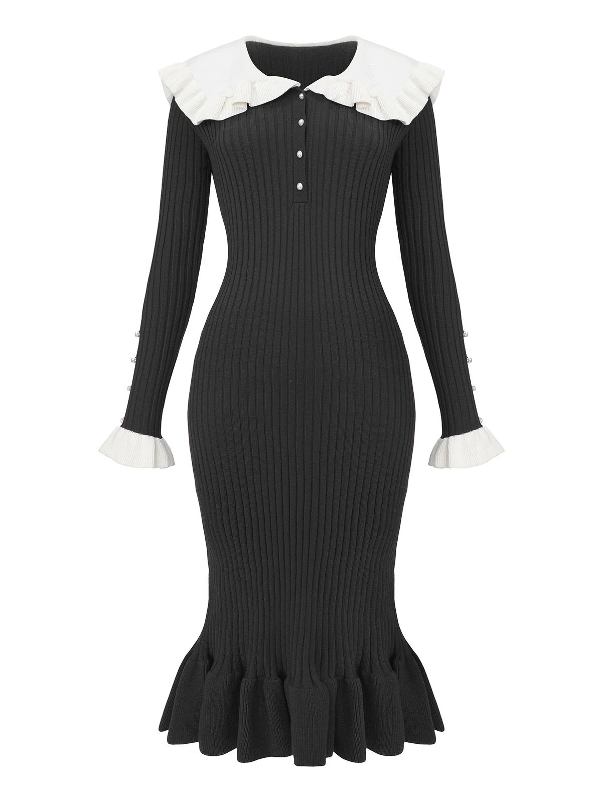 1980s Ribbed Ruffled Collar Midi Dress - Image 8