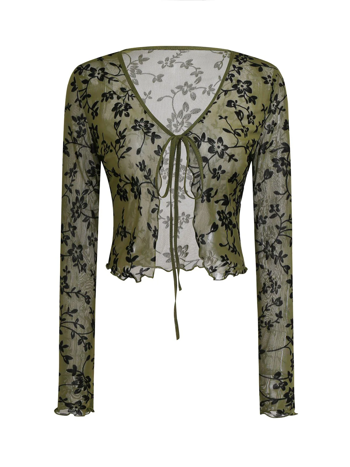 1980s Sheer Botanical Print Lace-Up Cardigan - Image 3