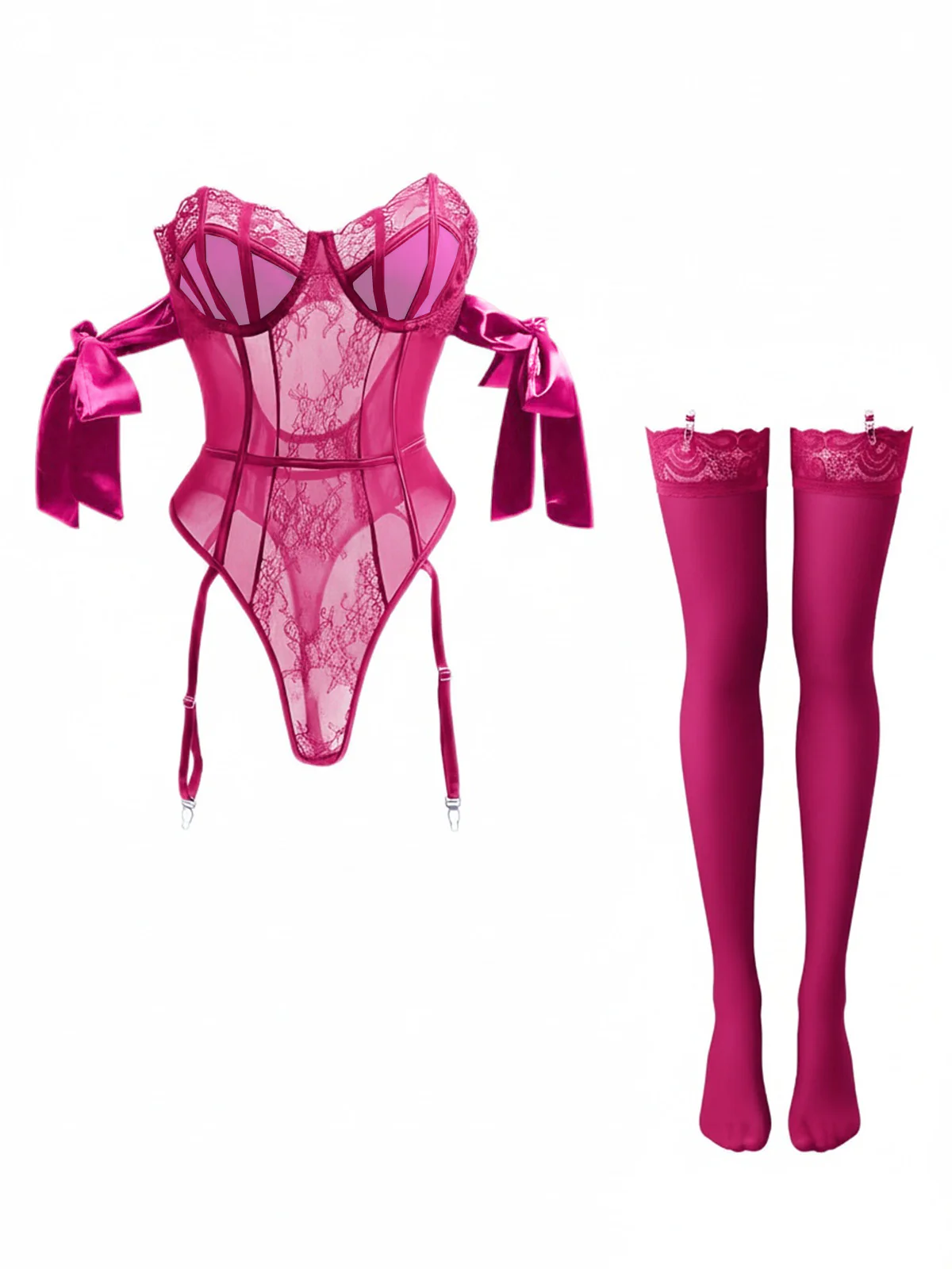 1980s Solid Bow Tie Bodysuit Pajama With Stockings Set - Image 10