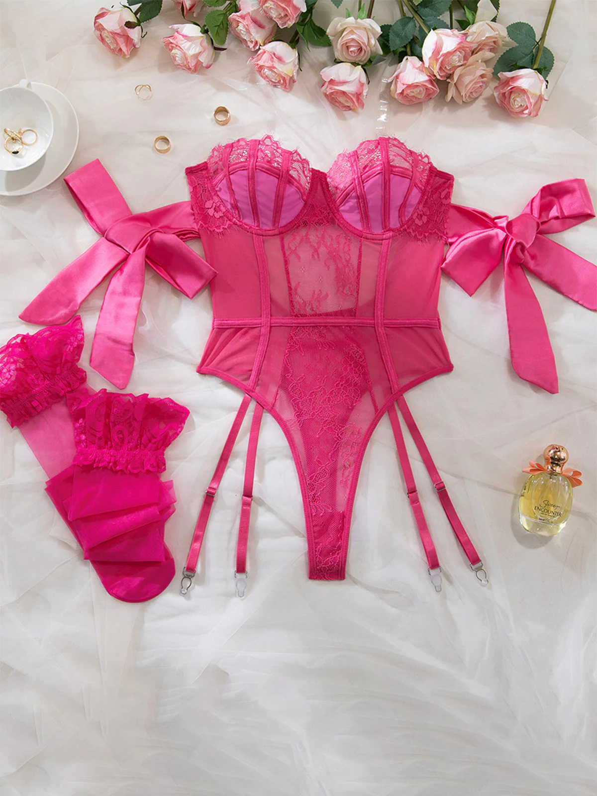 1980s Solid Bow Tie Bodysuit Pajama With Stockings Set - Image 11