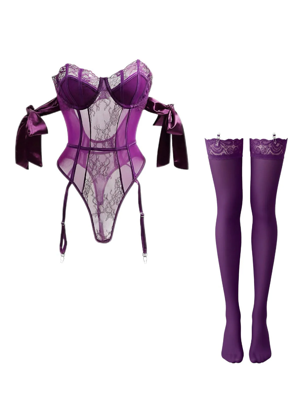 1980s Solid Bow Tie Bodysuit Pajama With Stockings Set - Image 2