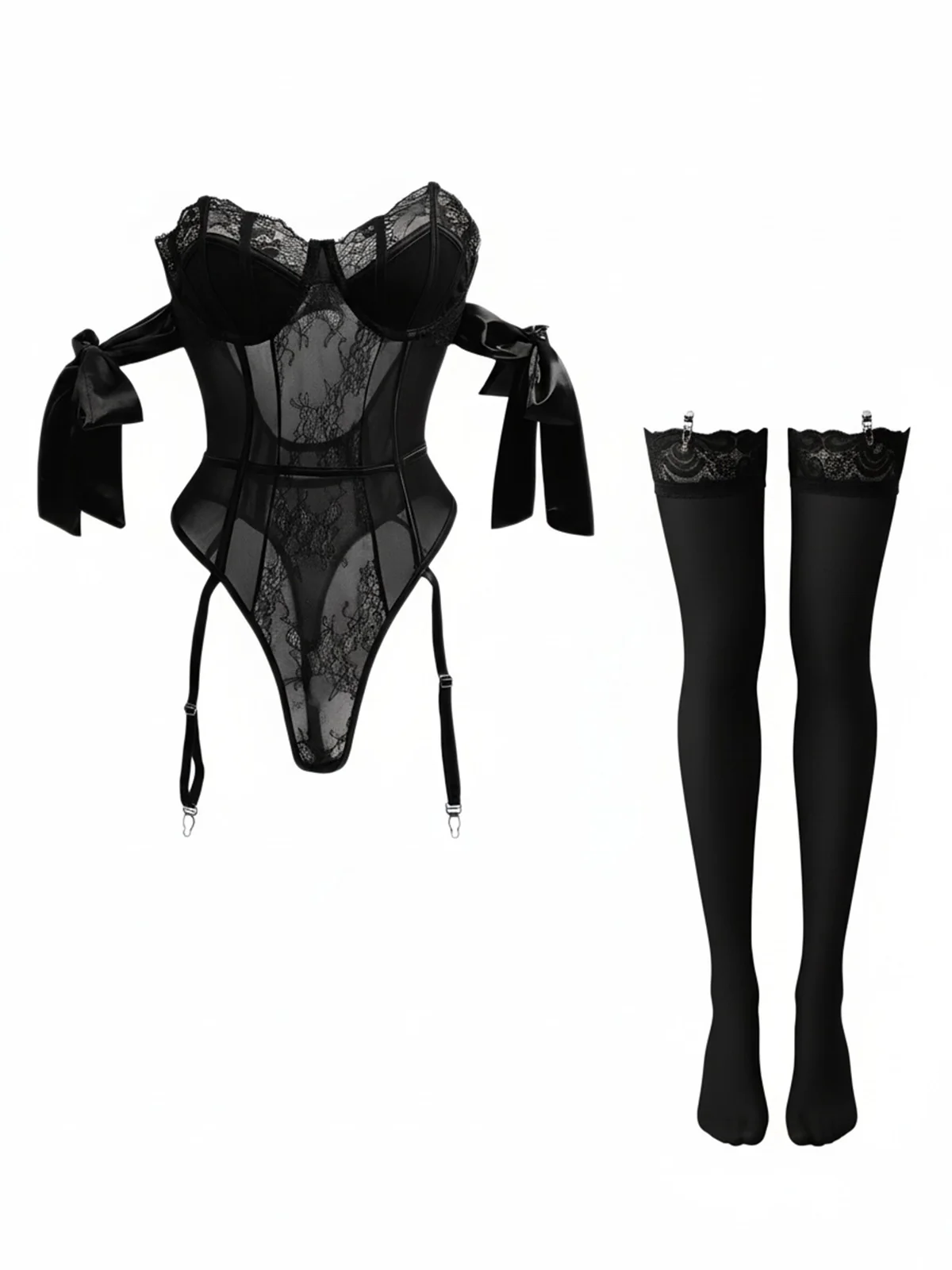 1980s Solid Bow Tie Bodysuit Pajama With Stockings Set - Image 6