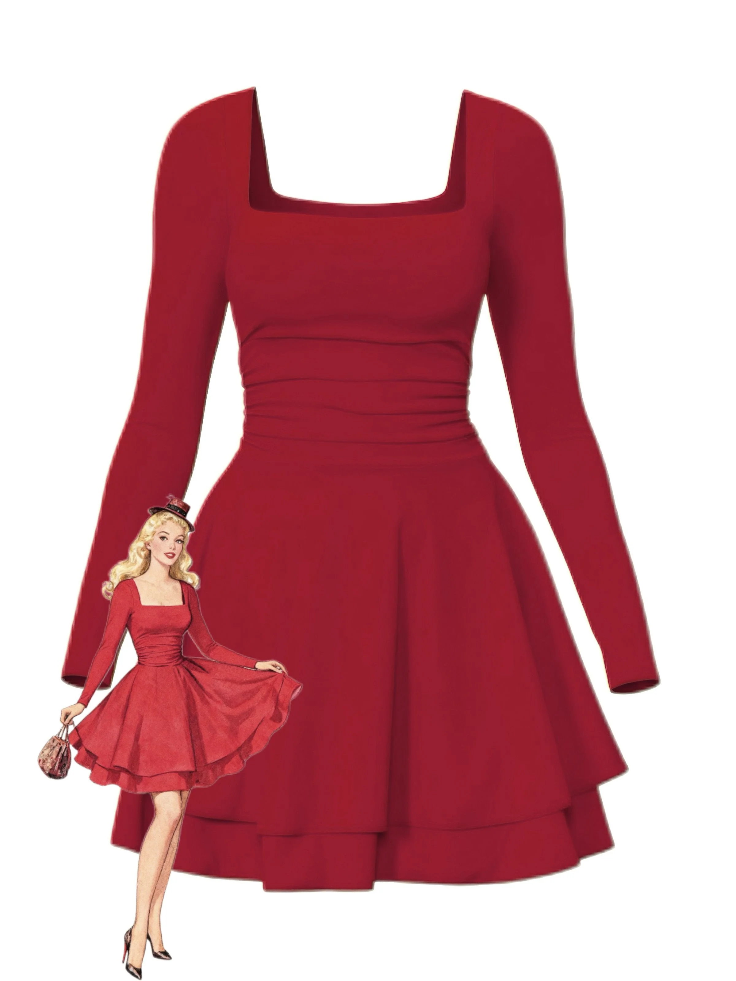 1980s Solid Fitted Square Neck Long Sleeve Dress - Image 10