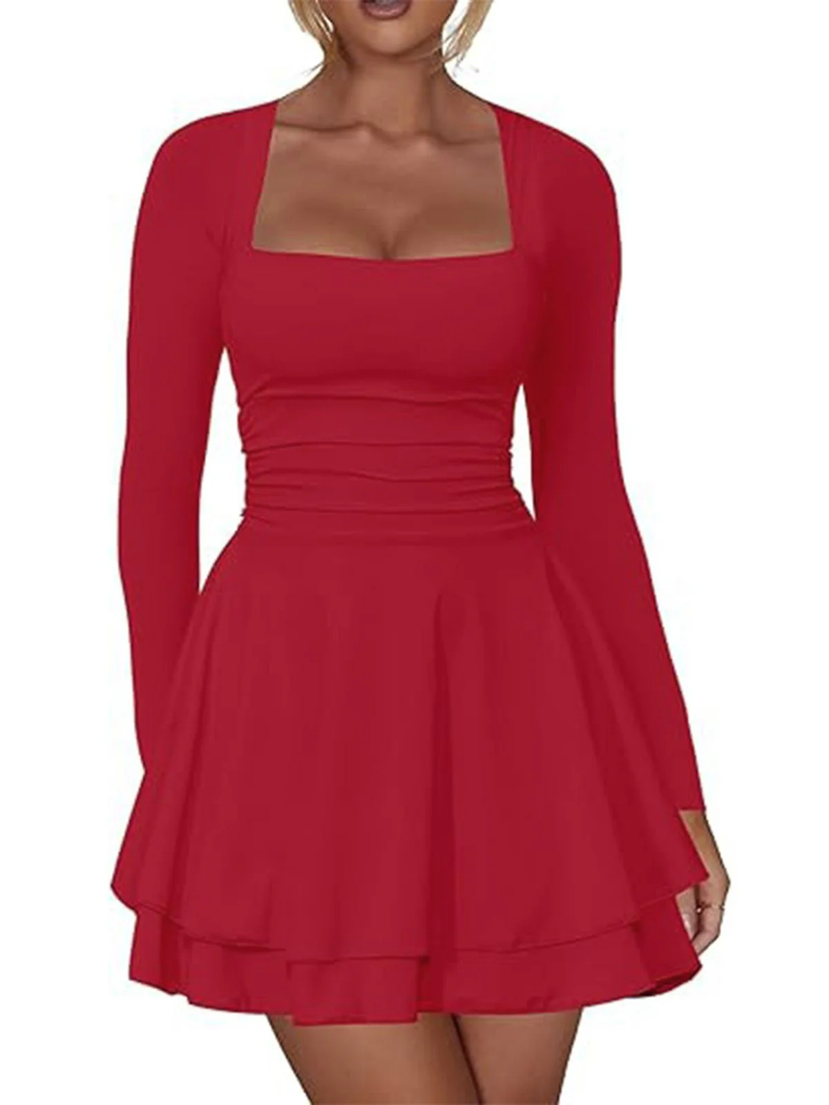 1980s Solid Fitted Square Neck Long Sleeve Dress - Image 11