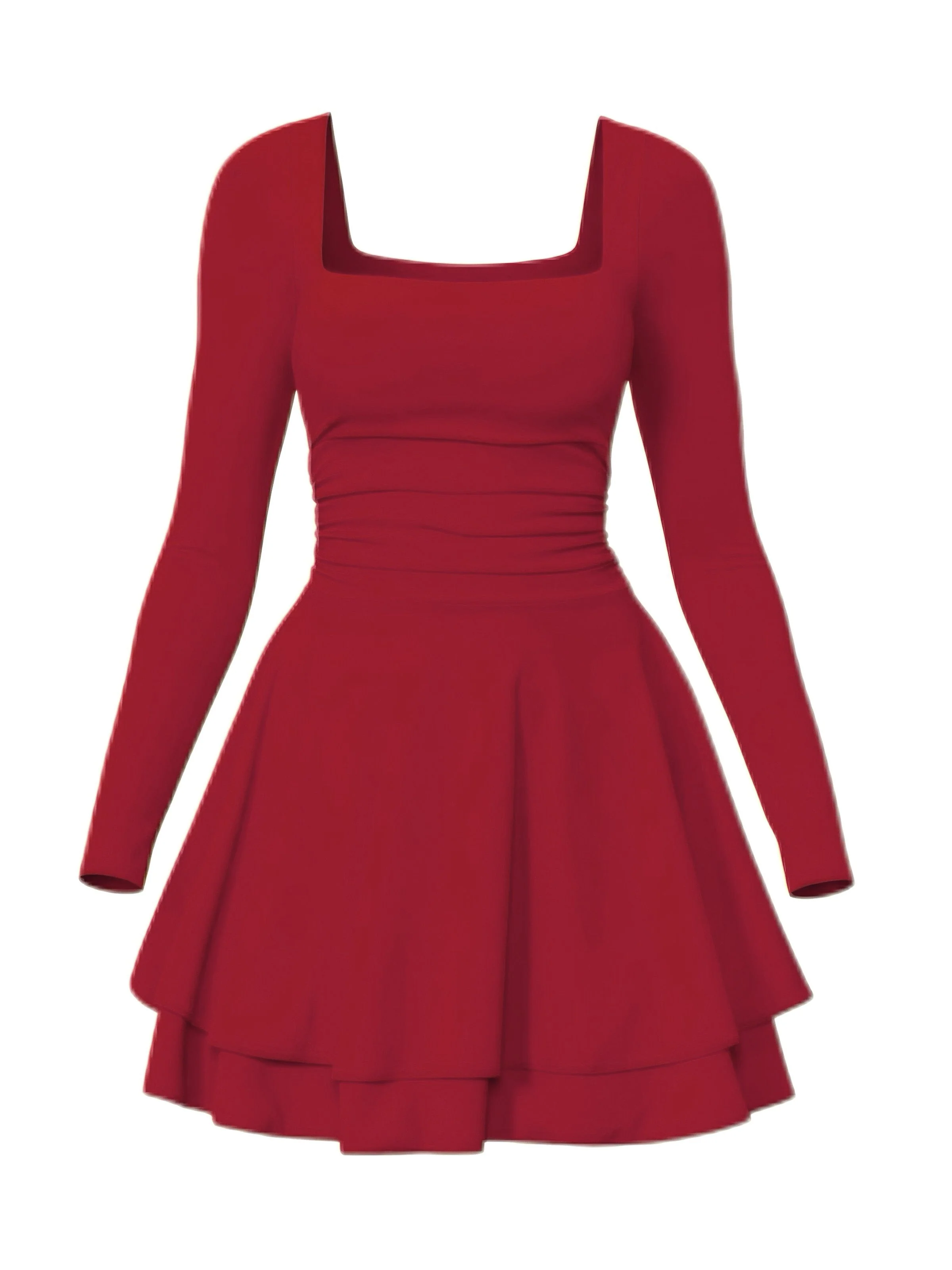 1980s Solid Fitted Square Neck Long Sleeve Dress - Image 12
