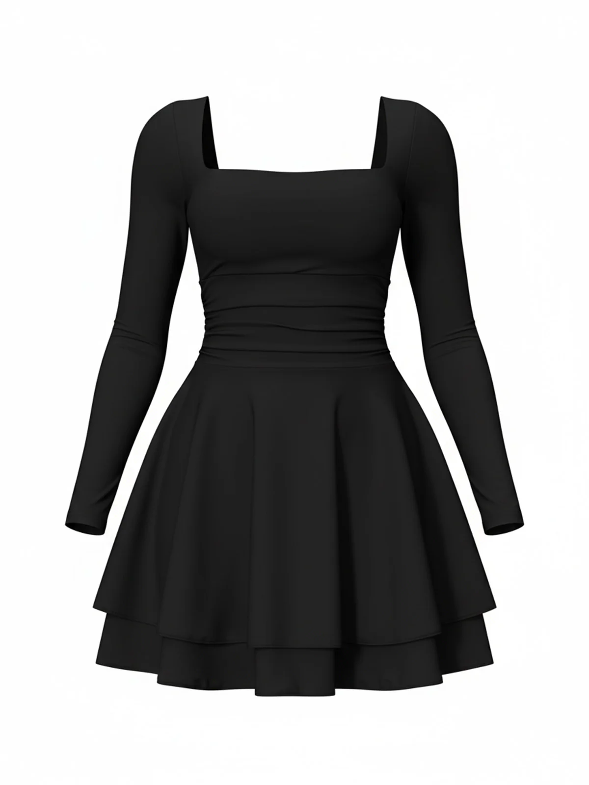 1980s Solid Fitted Square Neck Long Sleeve Dress - Image 2