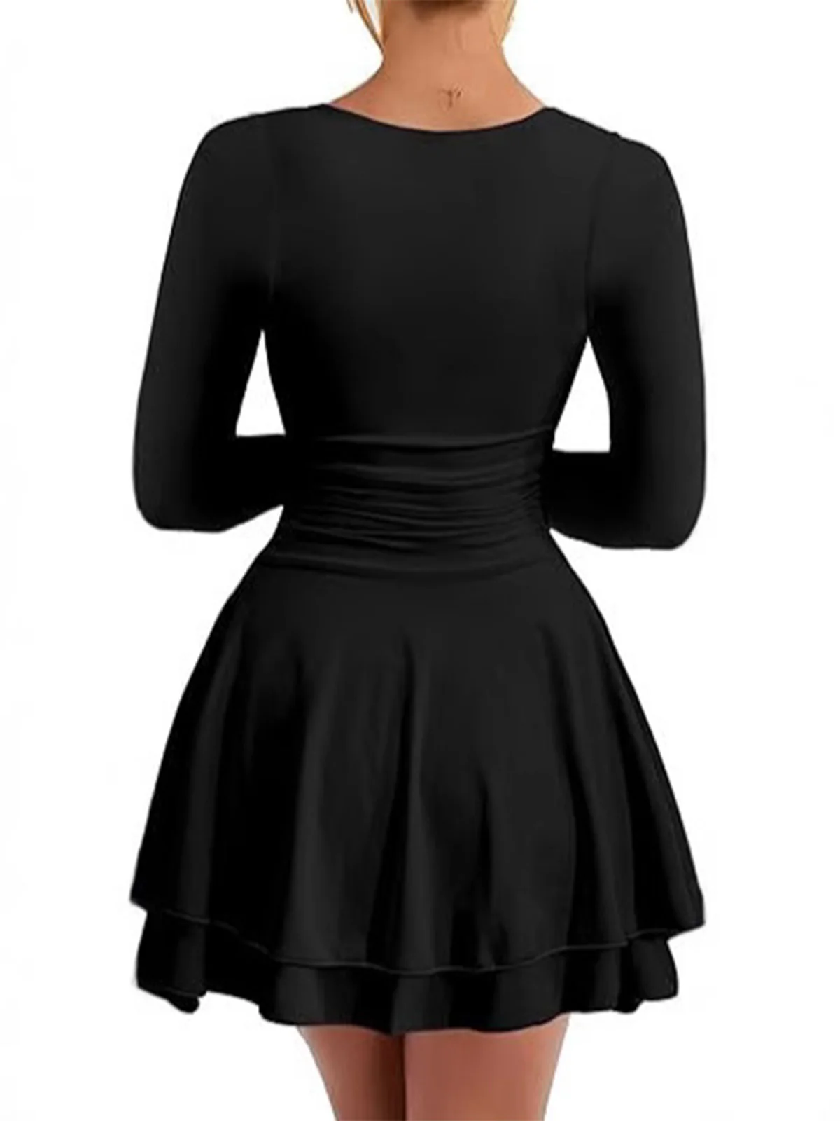 1980s Solid Fitted Square Neck Long Sleeve Dress - Image 4