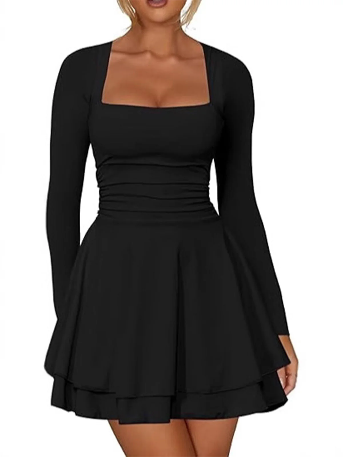1980s Solid Fitted Square Neck Long Sleeve Dress - Image 5