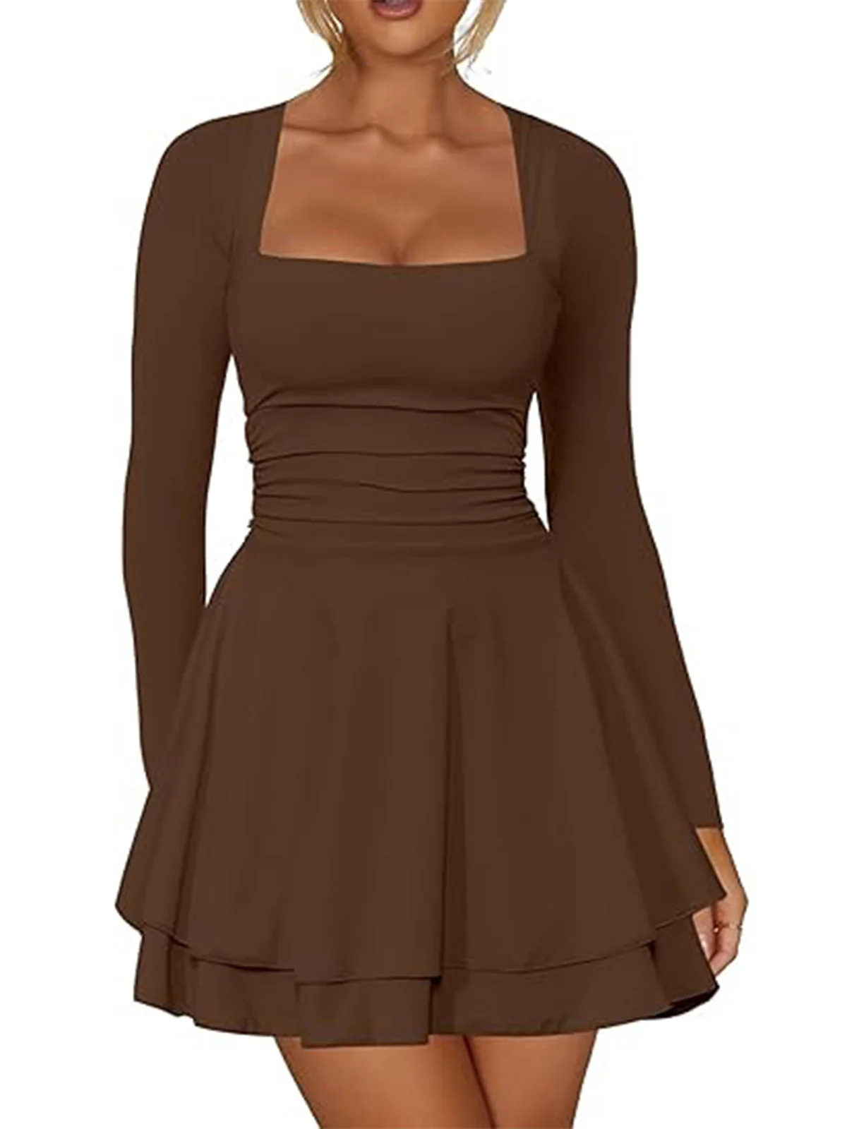 1980s Solid Fitted Square Neck Long Sleeve Dress - Image 7