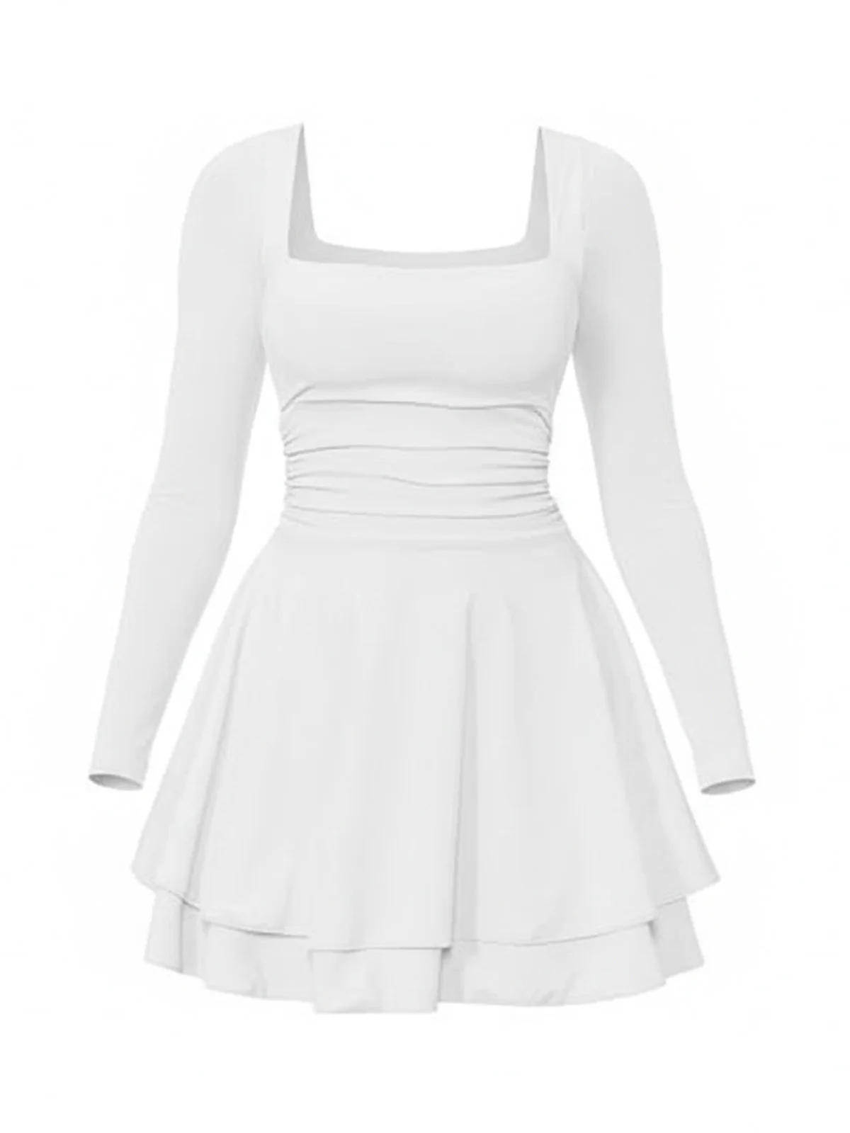 1980s Solid Fitted Square Neck Long Sleeve Dress - Image 8