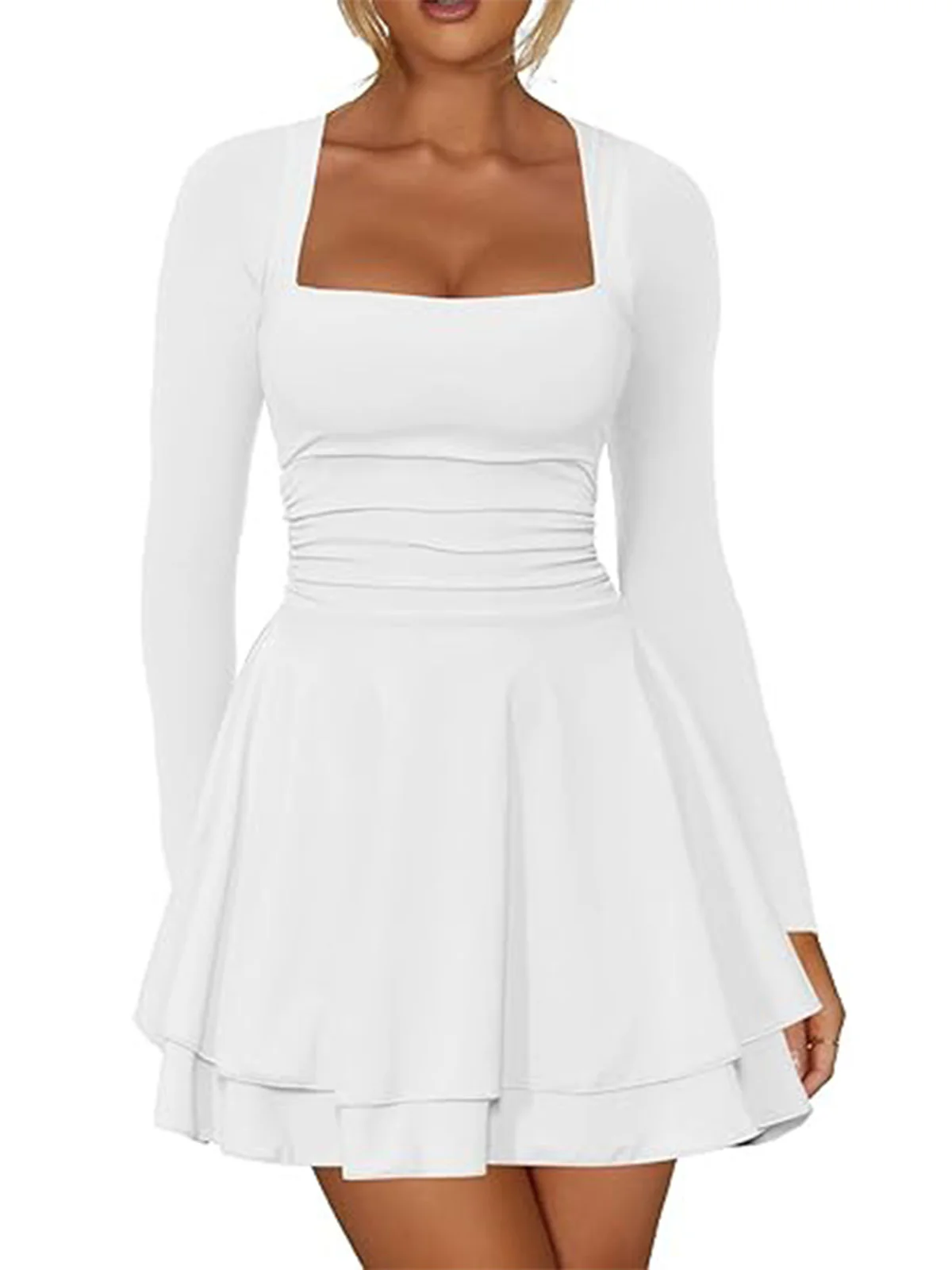 1980s Solid Fitted Square Neck Long Sleeve Dress - Image 9