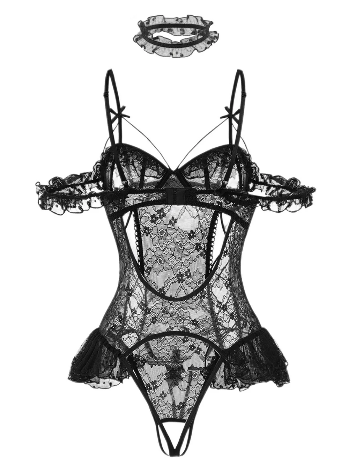 1980s Solid Lace Sheer Bodysuit Nighties - Image 10