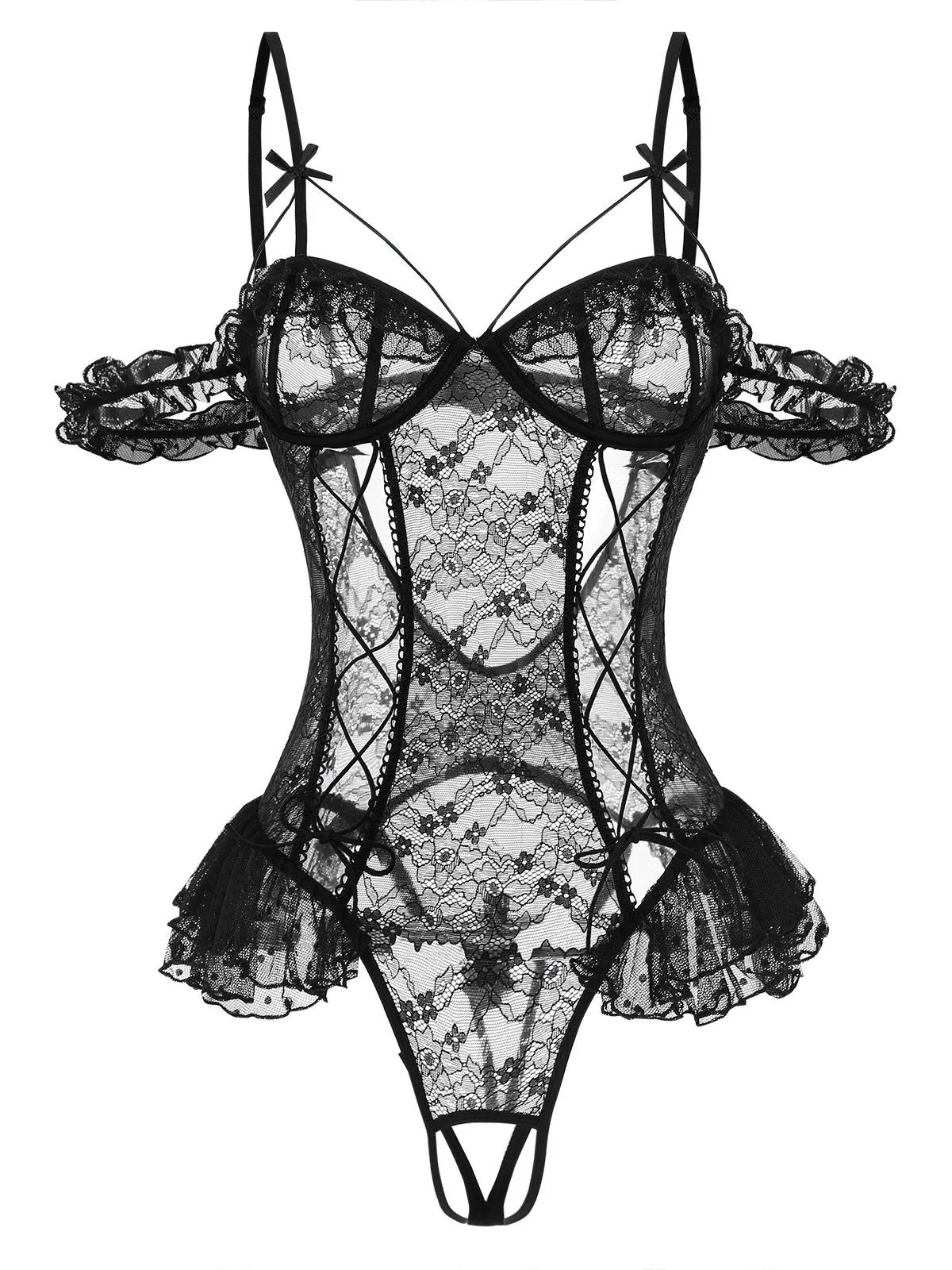 1980s Solid Lace Sheer Bodysuit Nighties - Image 11