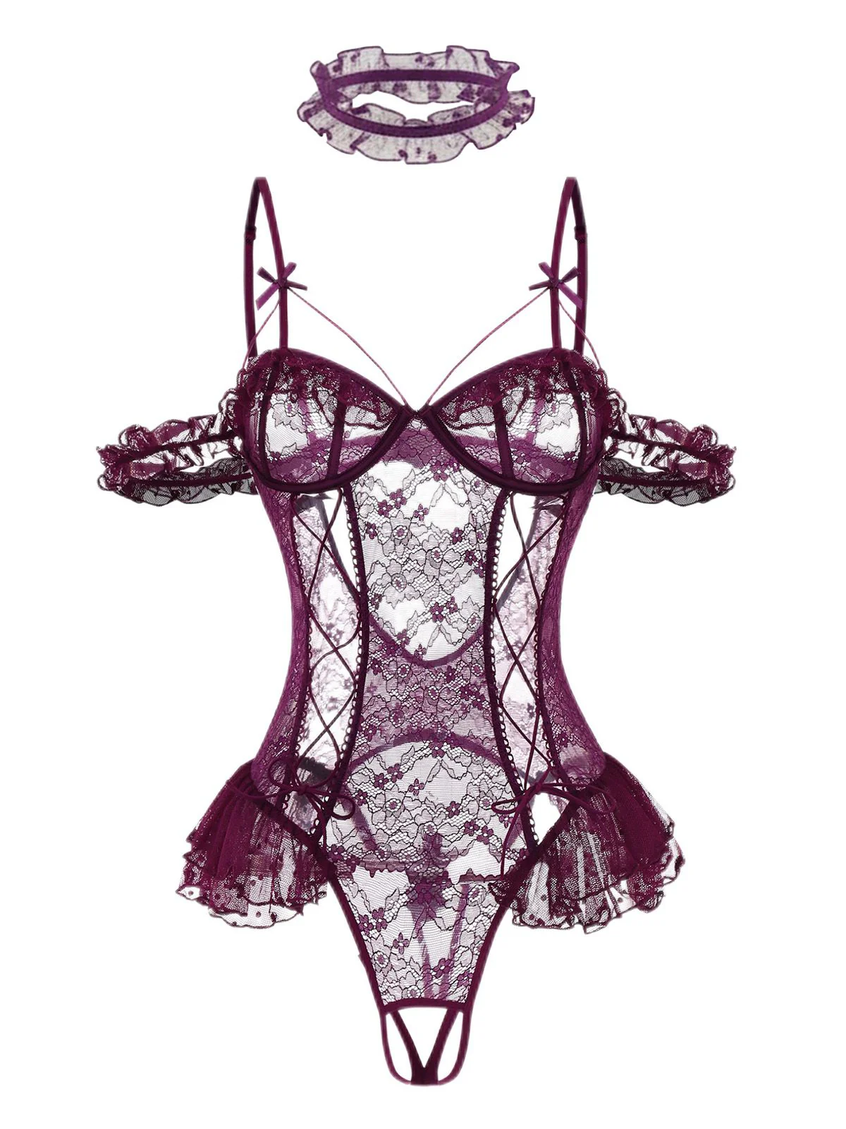 1980s Solid Lace Sheer Bodysuit Nighties - Image 2