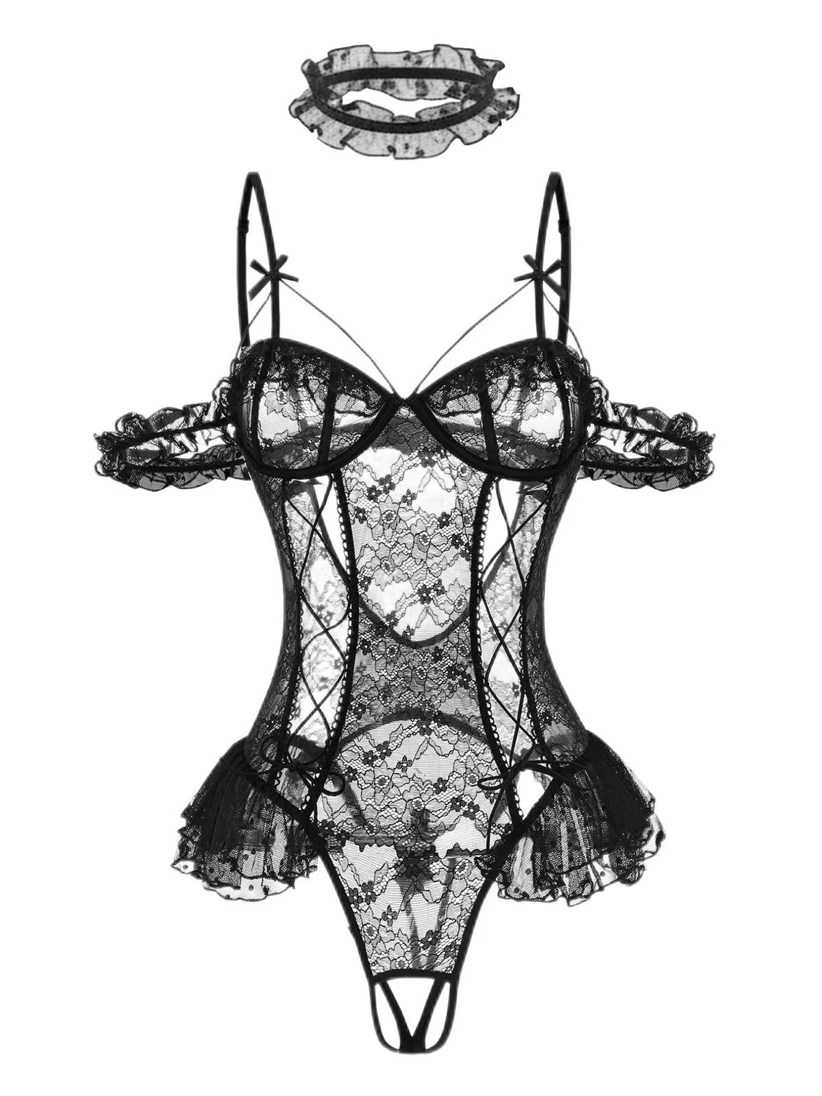 1980s Solid Lace Sheer Bodysuit Nighties - Image 9