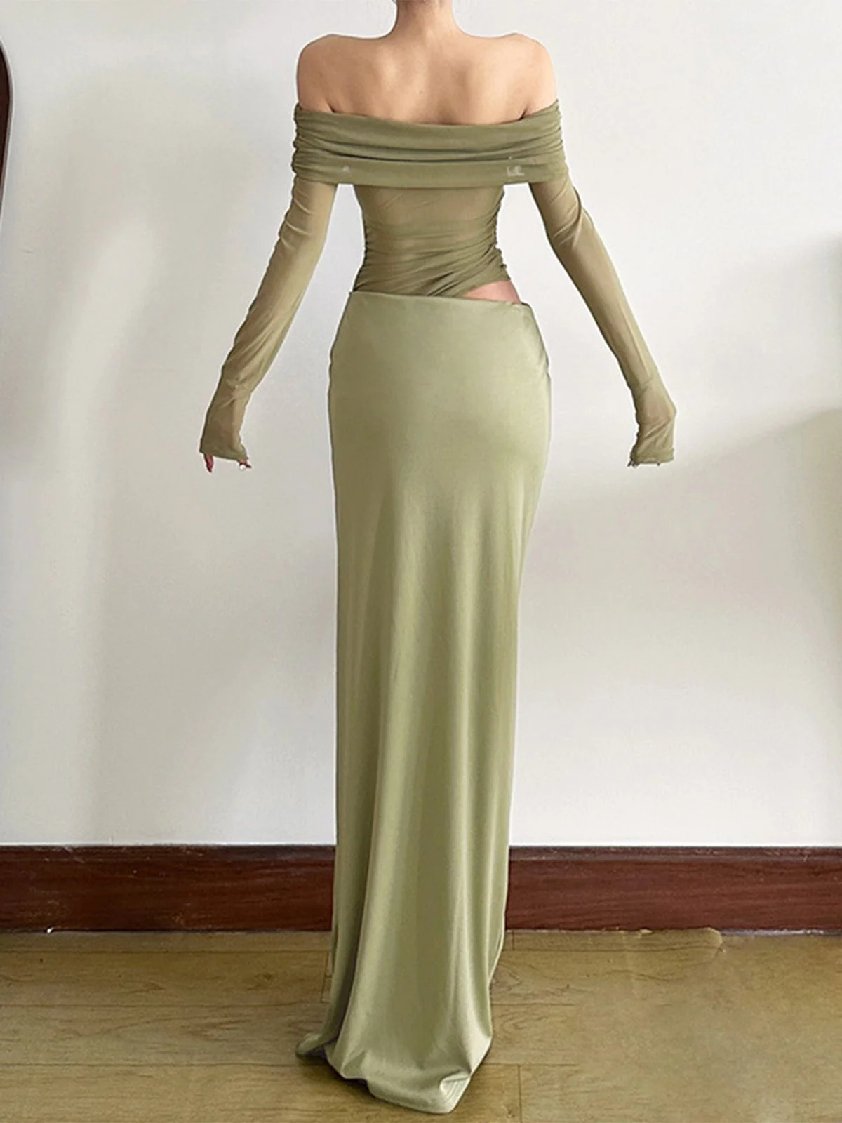 1980s Solid Off-Shoulder Mesh Cut-Out Sheer Dress - Image 10