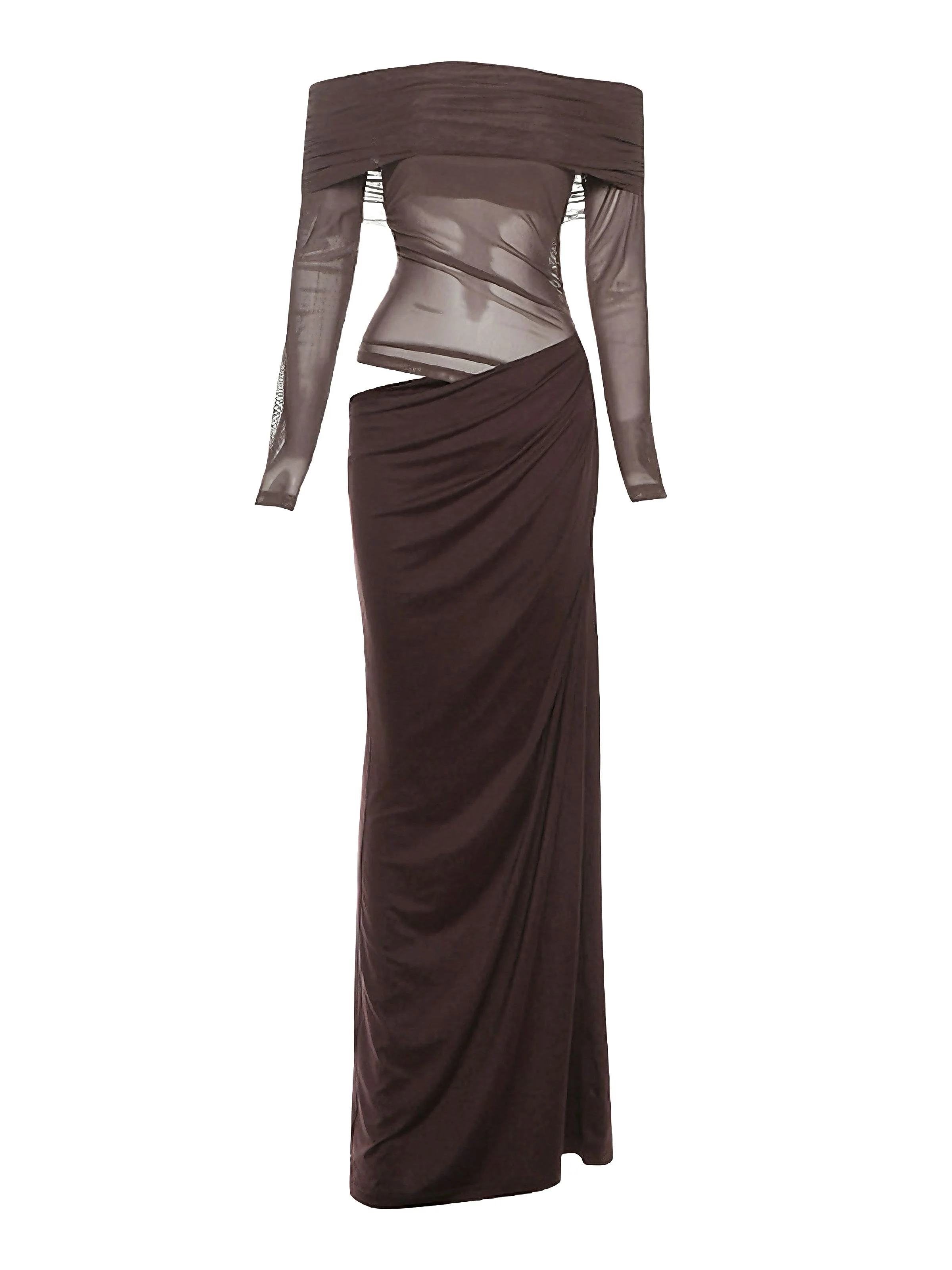 1980s Solid Off-Shoulder Mesh Cut-Out Sheer Dress - Image 11