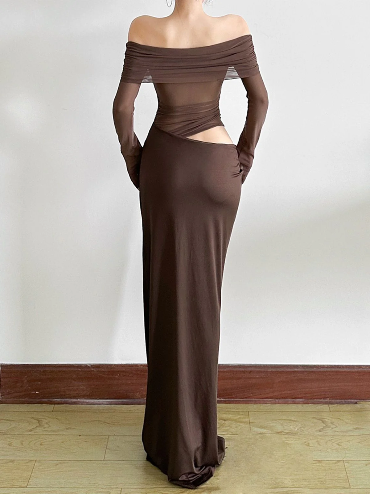 1980s Solid Off-Shoulder Mesh Cut-Out Sheer Dress - Image 13