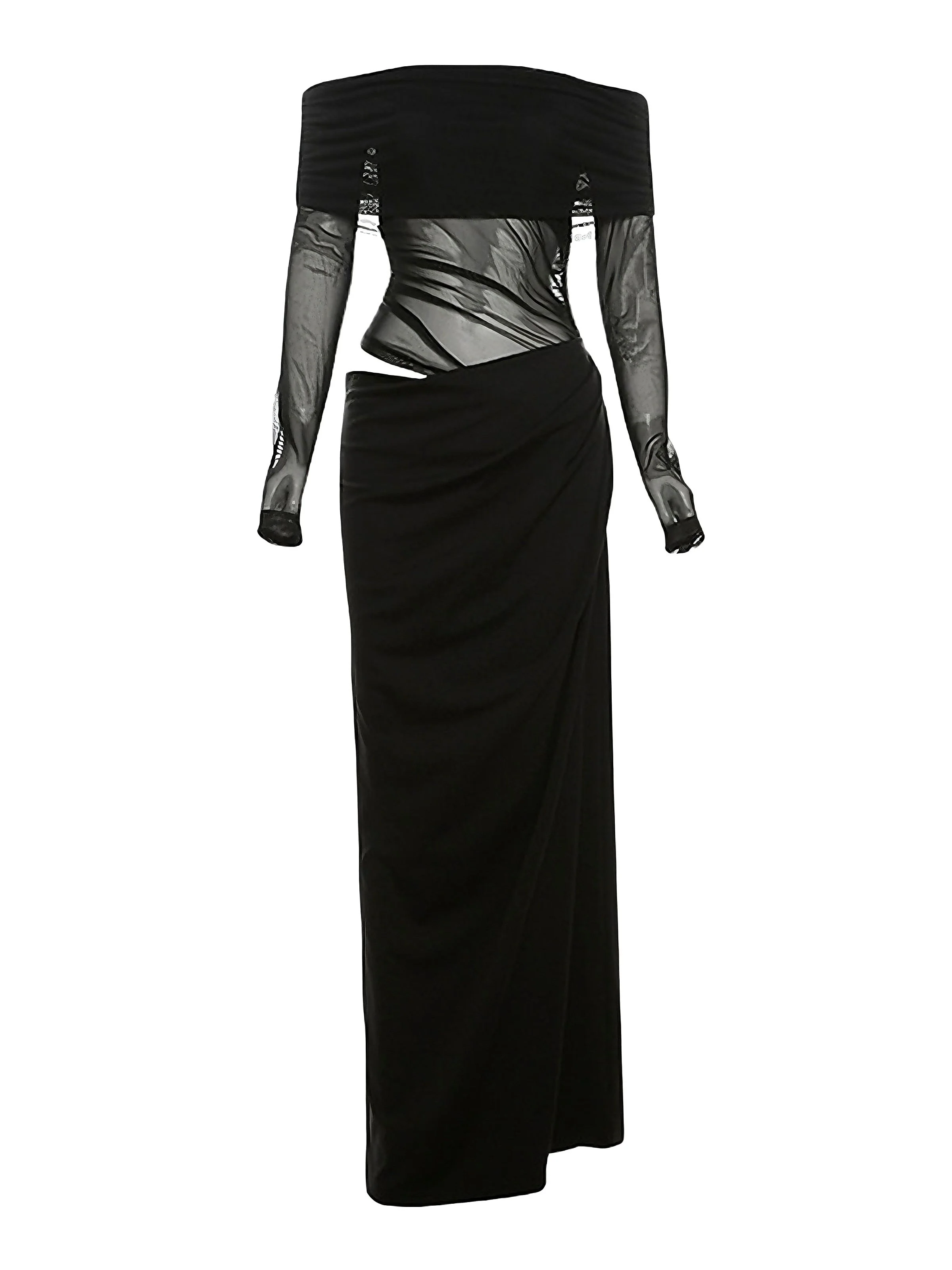 1980s Solid Off-Shoulder Mesh Cut-Out Sheer Dress - Image 2