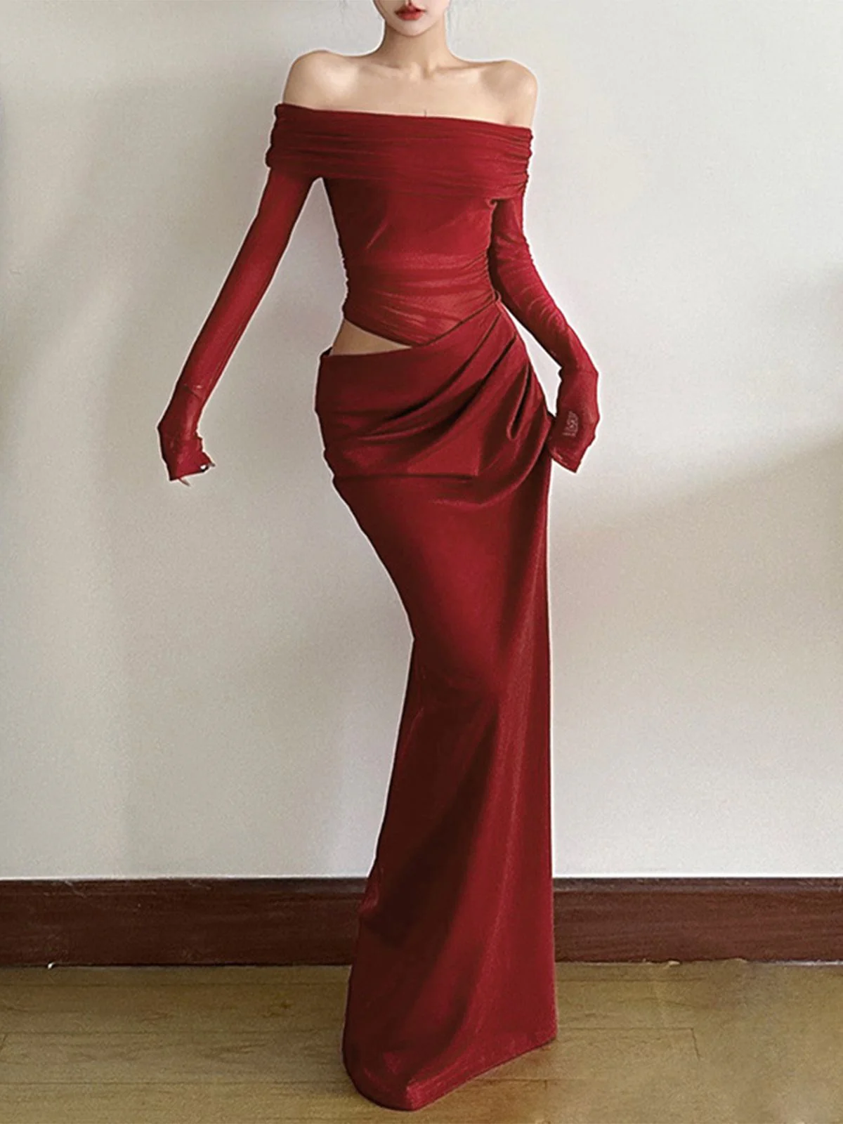 1980s Solid Off-Shoulder Mesh Cut-Out Sheer Dress - Image 3