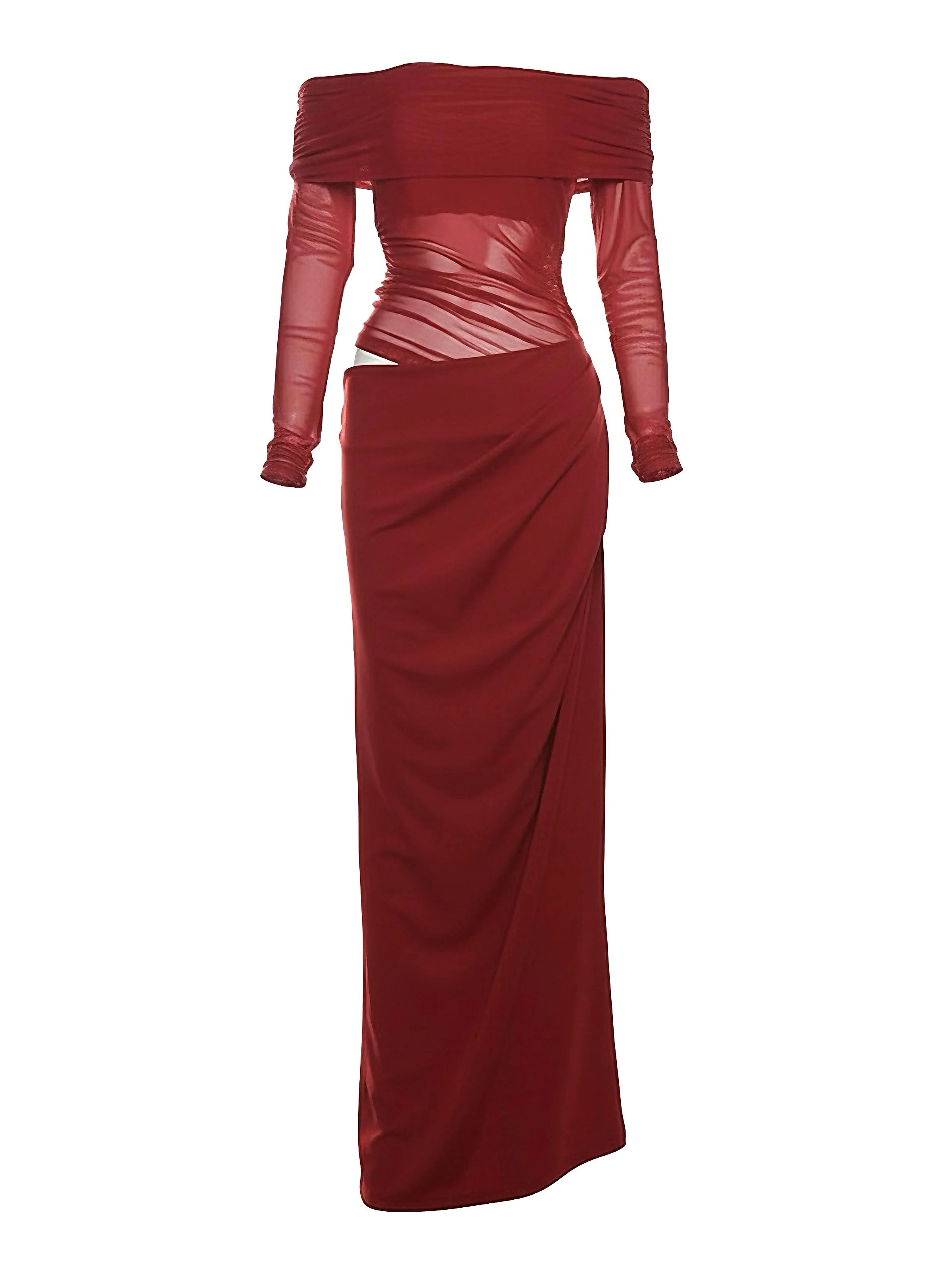 1980s Solid Off-Shoulder Mesh Cut-Out Sheer Dress - Image 5