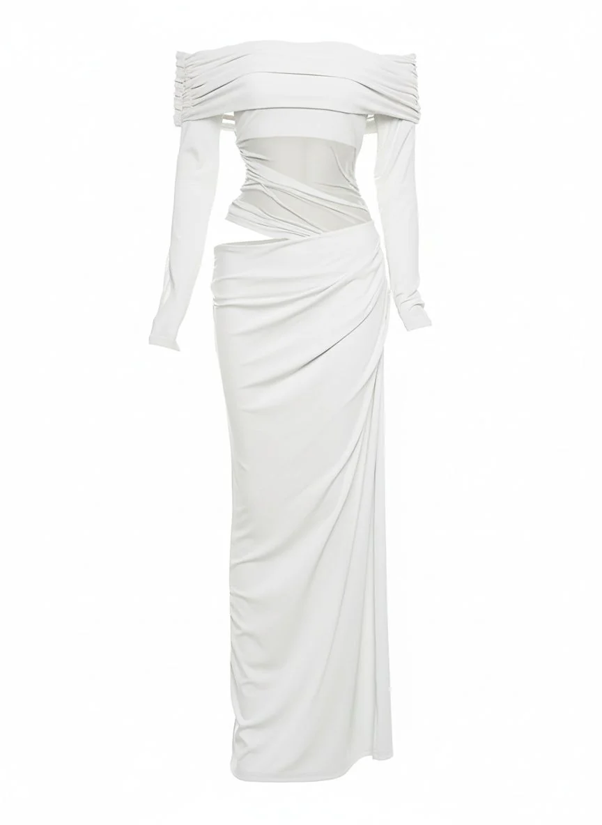 1980s Solid Off-Shoulder Mesh Cut-Out Sheer Dress - Image 6