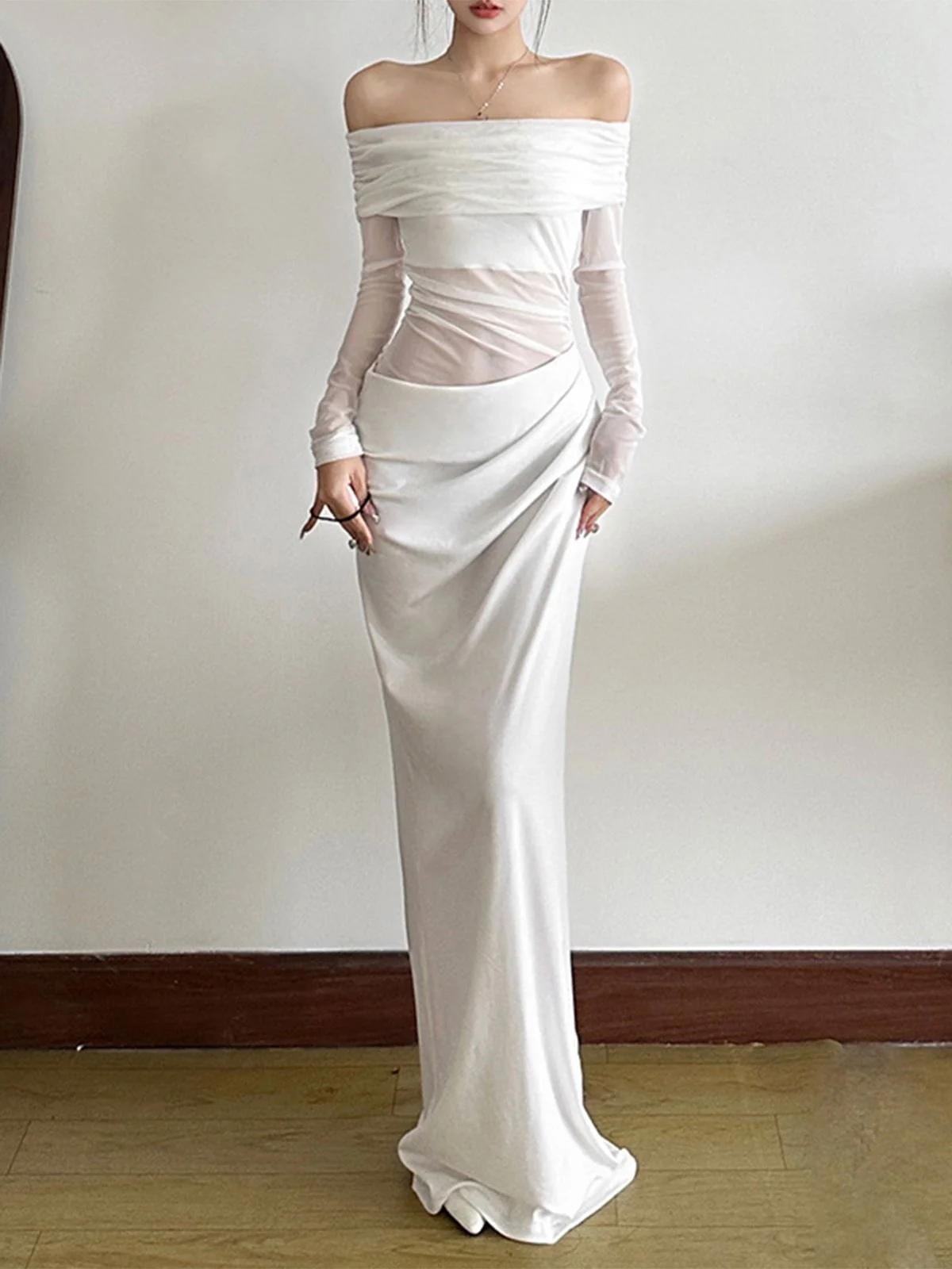 1980s Solid Off-Shoulder Mesh Cut-Out Sheer Dress - Image 7