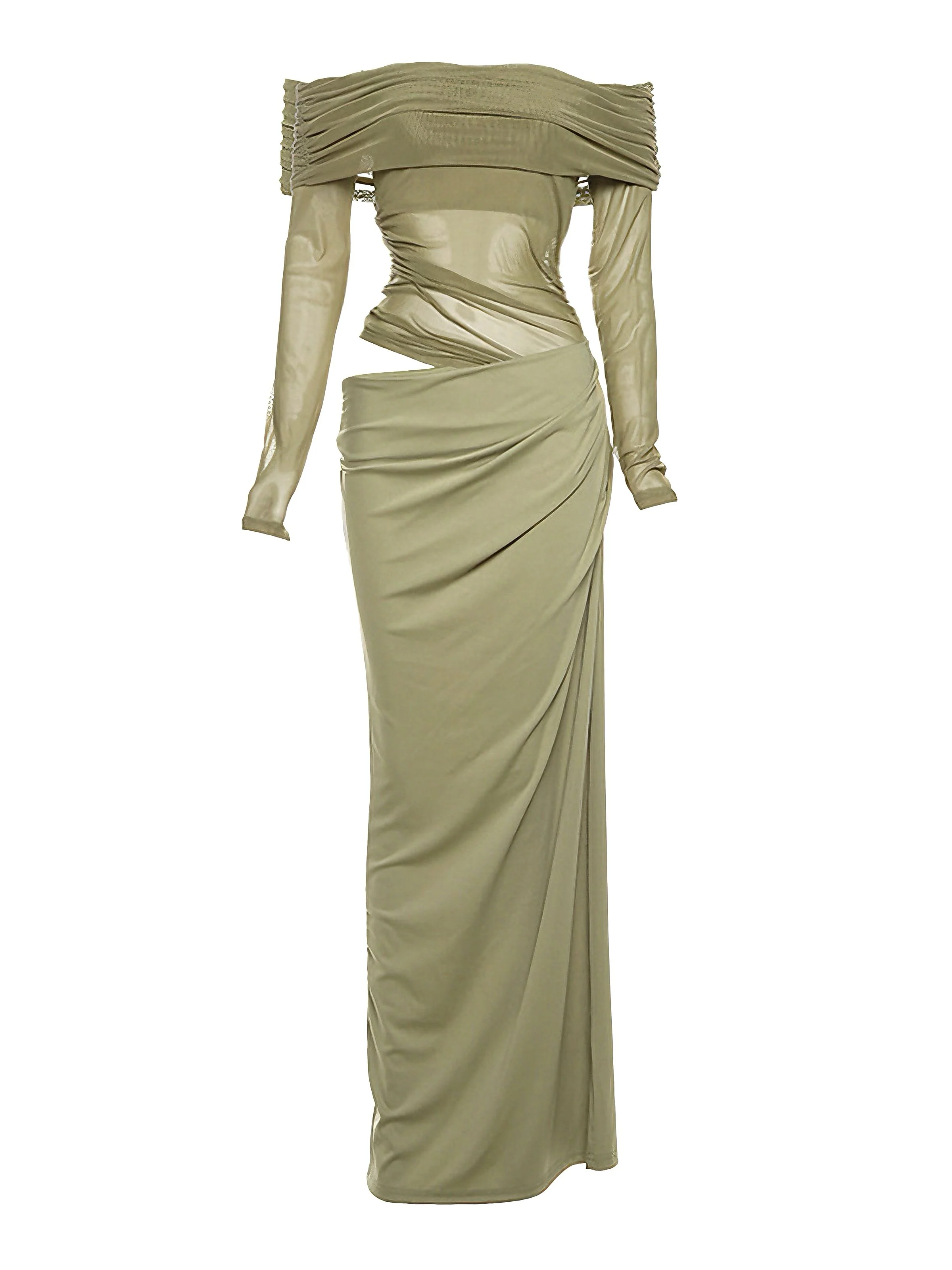 1980s Solid Off-Shoulder Mesh Cut-Out Sheer Dress - Image 8