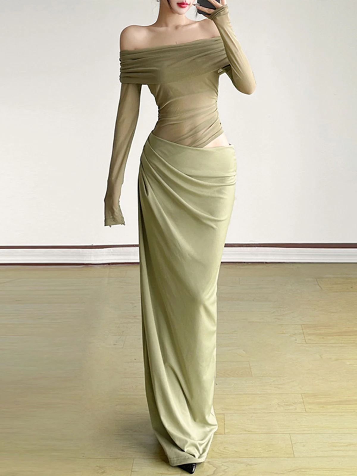 1980s Solid Off-Shoulder Mesh Cut-Out Sheer Dress - Image 9