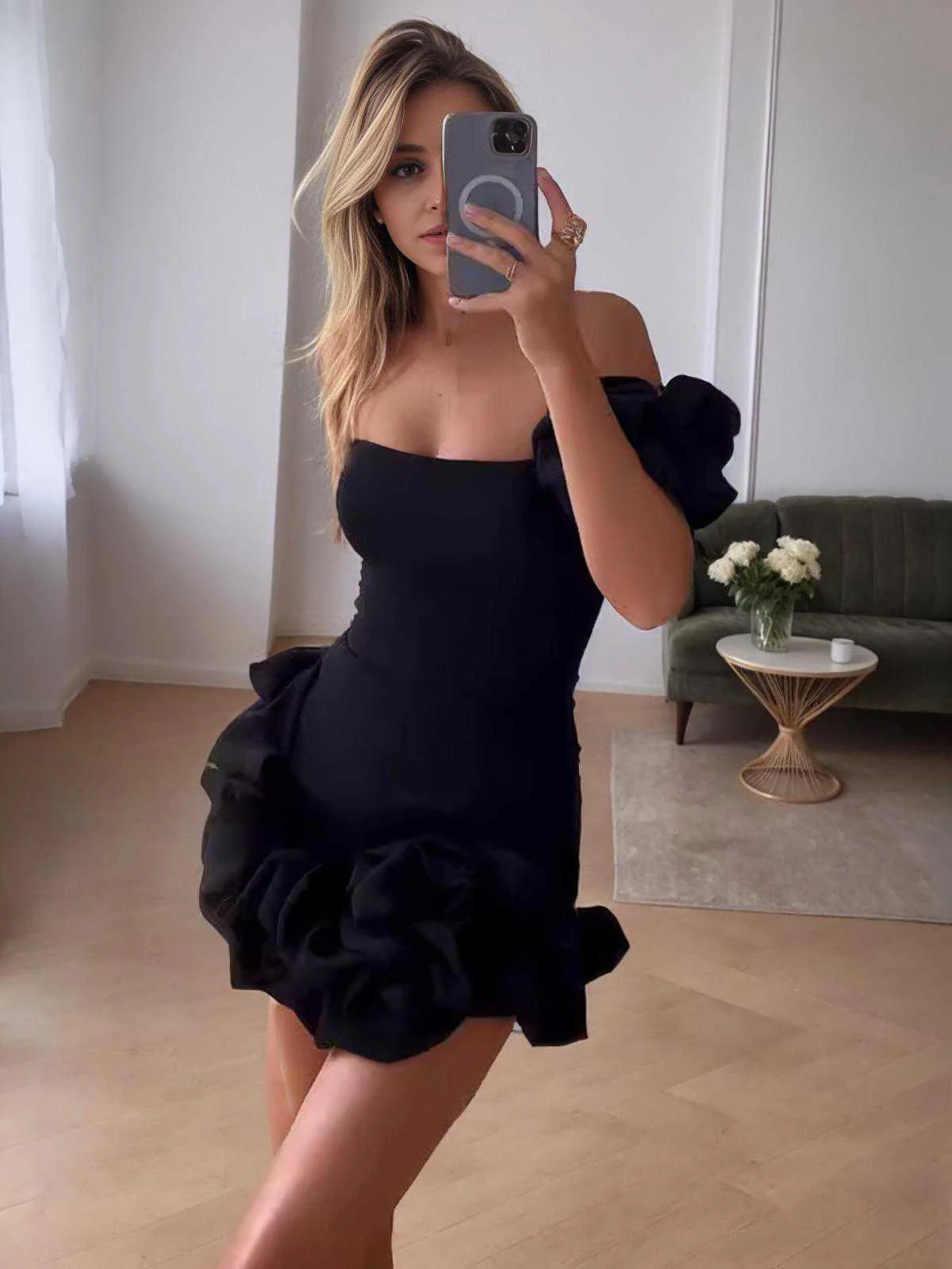 1980s Solid One-Shoulder 3D Flower Mini Dress - Image 16