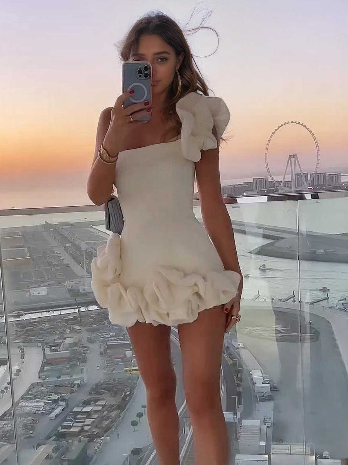 1980s Solid One-Shoulder 3D Flower Mini Dress - Image 21