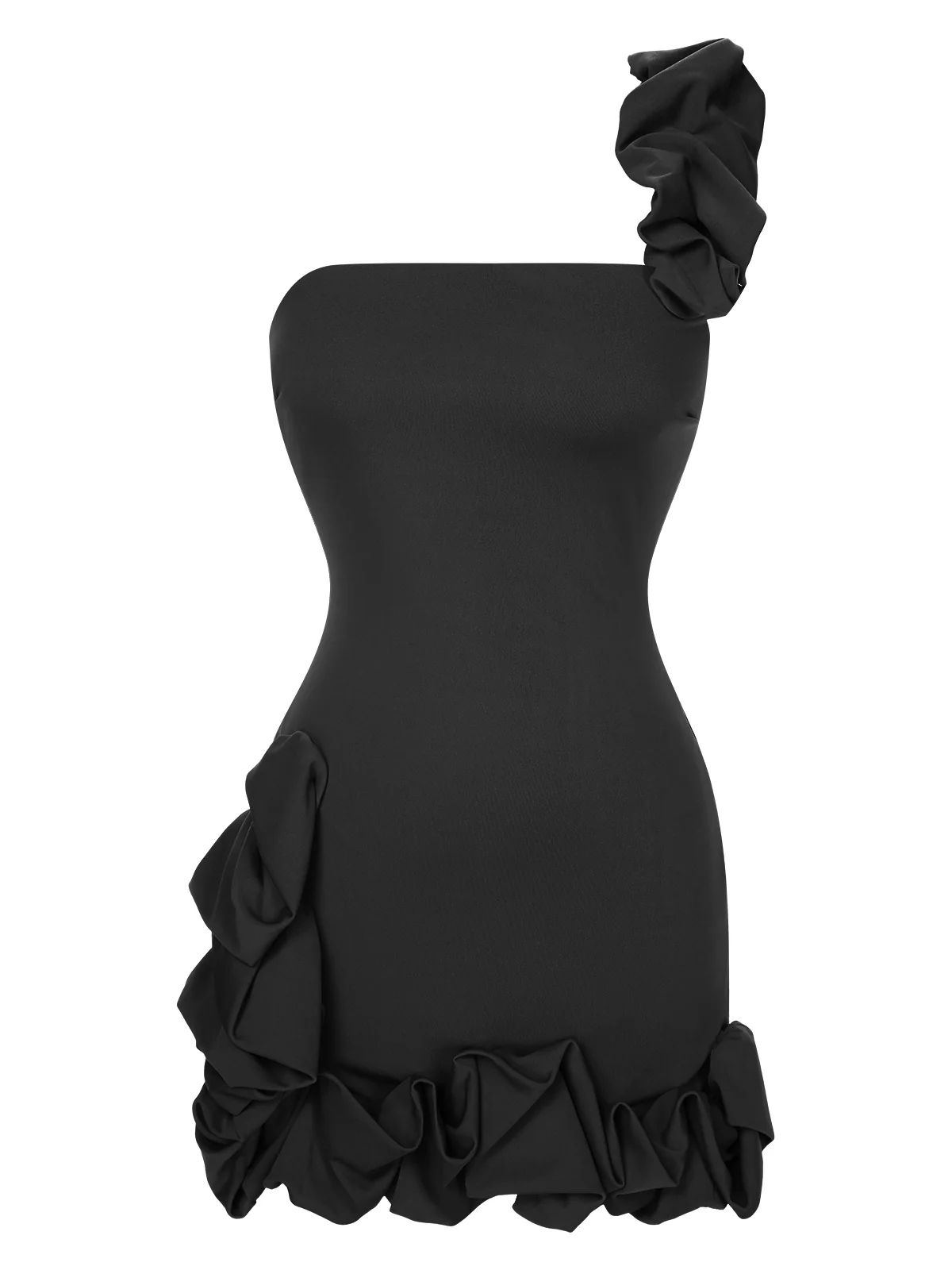 1980s Solid One-Shoulder 3D Flower Mini Dress - Image 6
