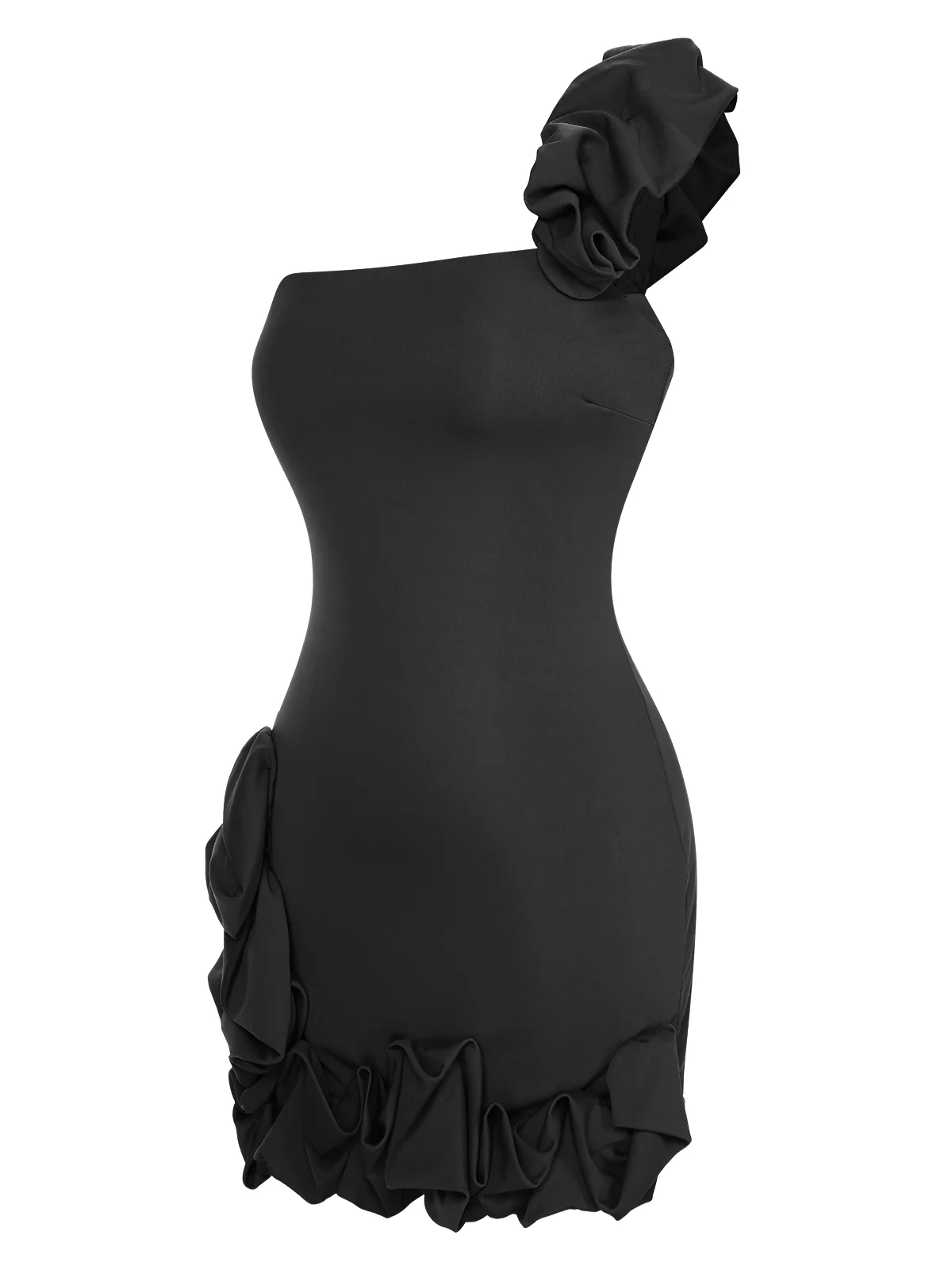 1980s Solid One-Shoulder 3D Flower Mini Dress - Image 7