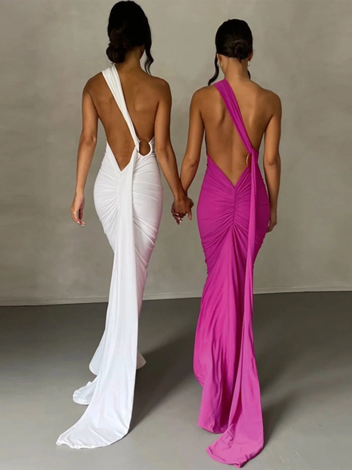 1980s Solid One-Shoulder Evening Backless Dress with Train - Image 14