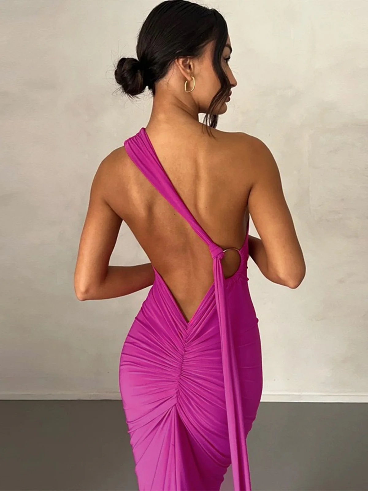 1980s Solid One-Shoulder Evening Backless Dress with Train - Image 15
