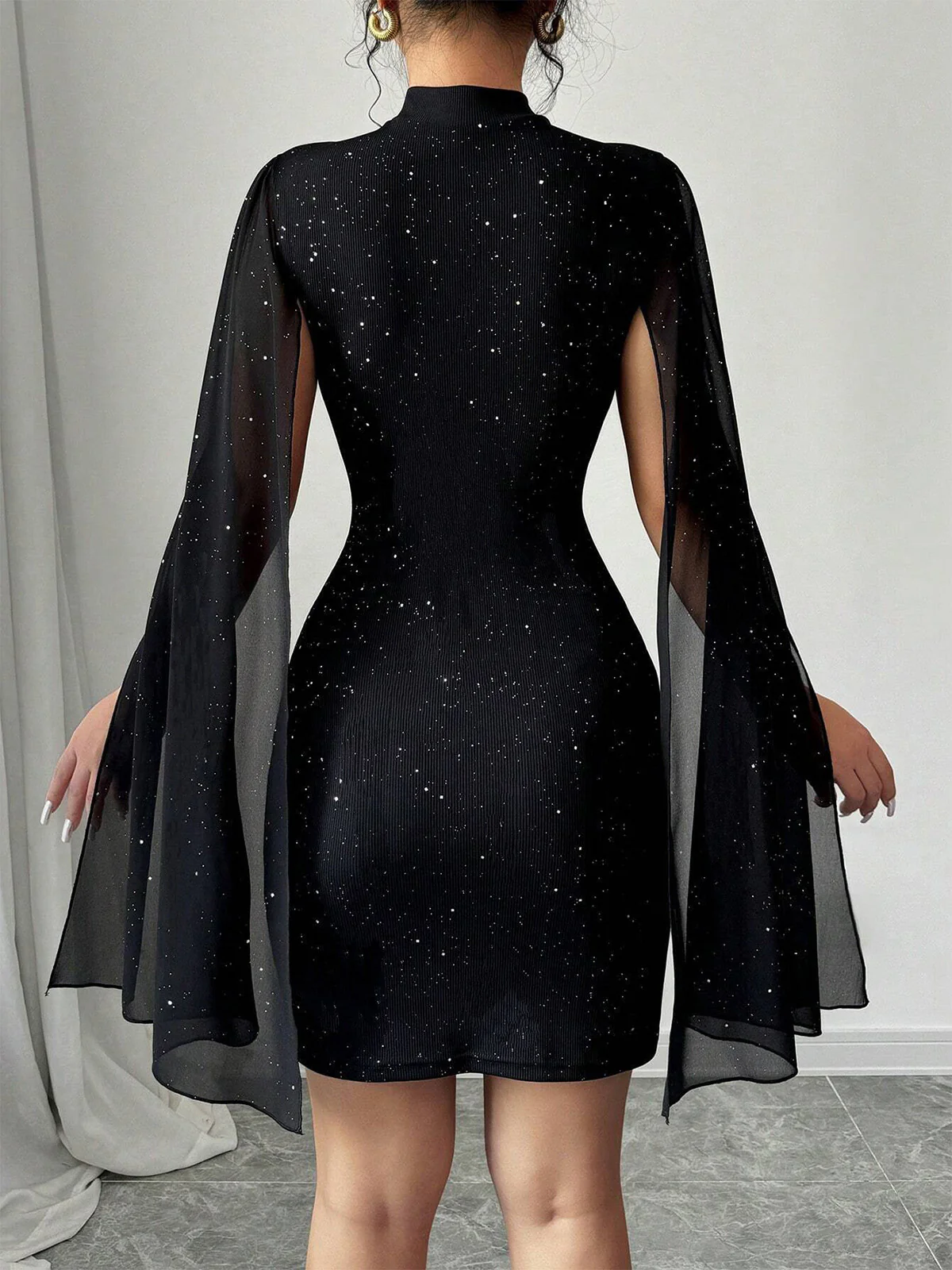 1980s Solid Pearl Chiffon Cape Bodycon Dress - Image 10