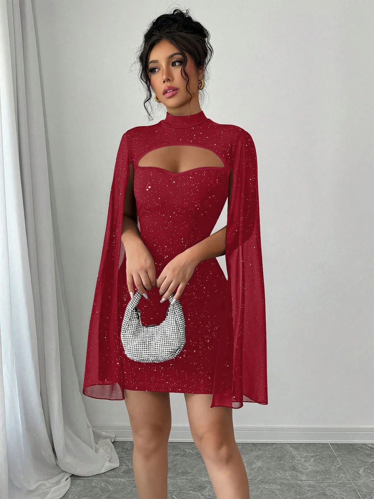 1980s Solid Pearl Chiffon Cape Bodycon Dress - Image 4