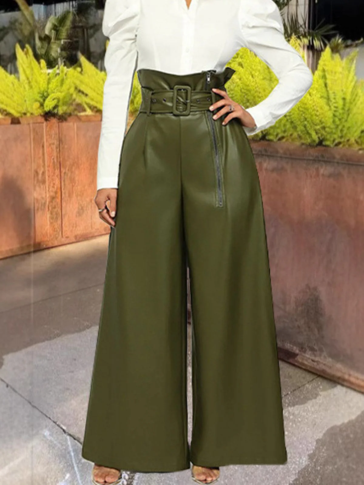1980s Solid PU Leather Belted Wide-Leg Pants - Image 2